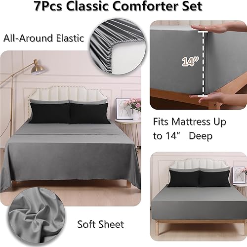 Miniatura 4 de HIG Juego de edredón reversible de 7 piezas tamaño Queen  Juego de ropa de cama alternativa acolchado negro para todas las estaciones, juegos de