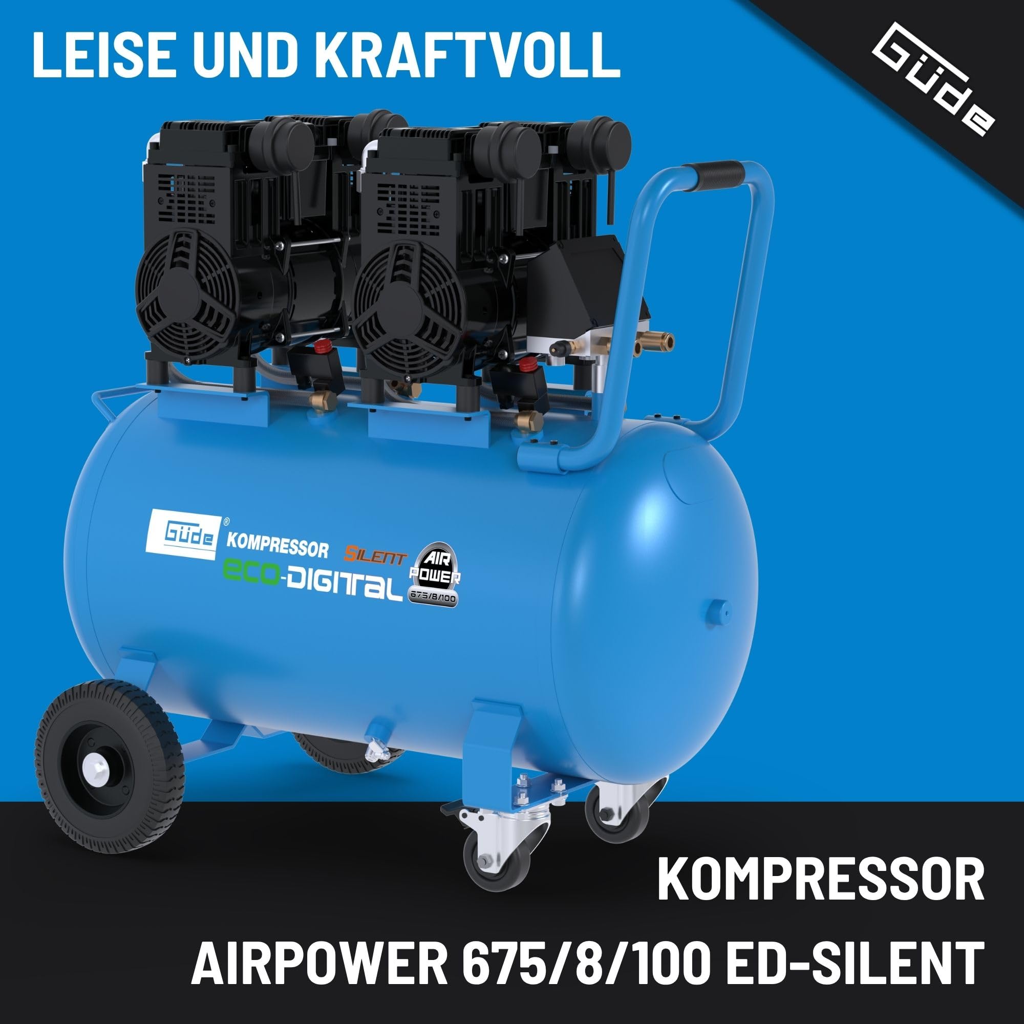 Güde Airpower 675/8/100 ED-SILENT Kompressor - 230 Volt, 100 Liter Kessel, 4,4 Kilowatt, max. Druck 8 bar, eff. Liefermenge bei 0 bar 588 l/min, ölfrei und wartungsfrei, Schalldruckpegel LPA 73 dB