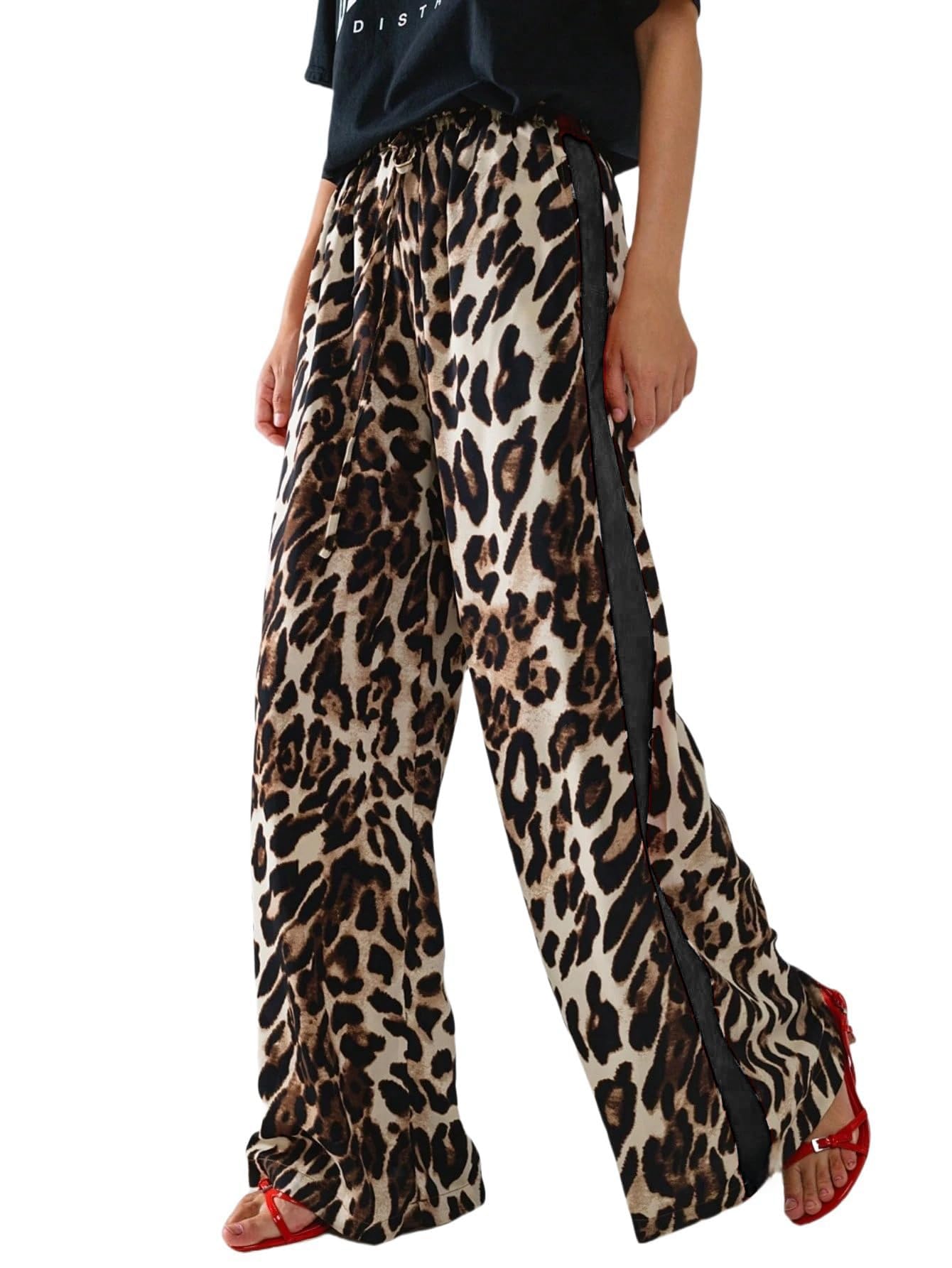 Womens Casual Pants Drawstring Leopard Print Color Block Side Striped Straight Leg Wide Leg Loose Pants 2-Brown Leopard