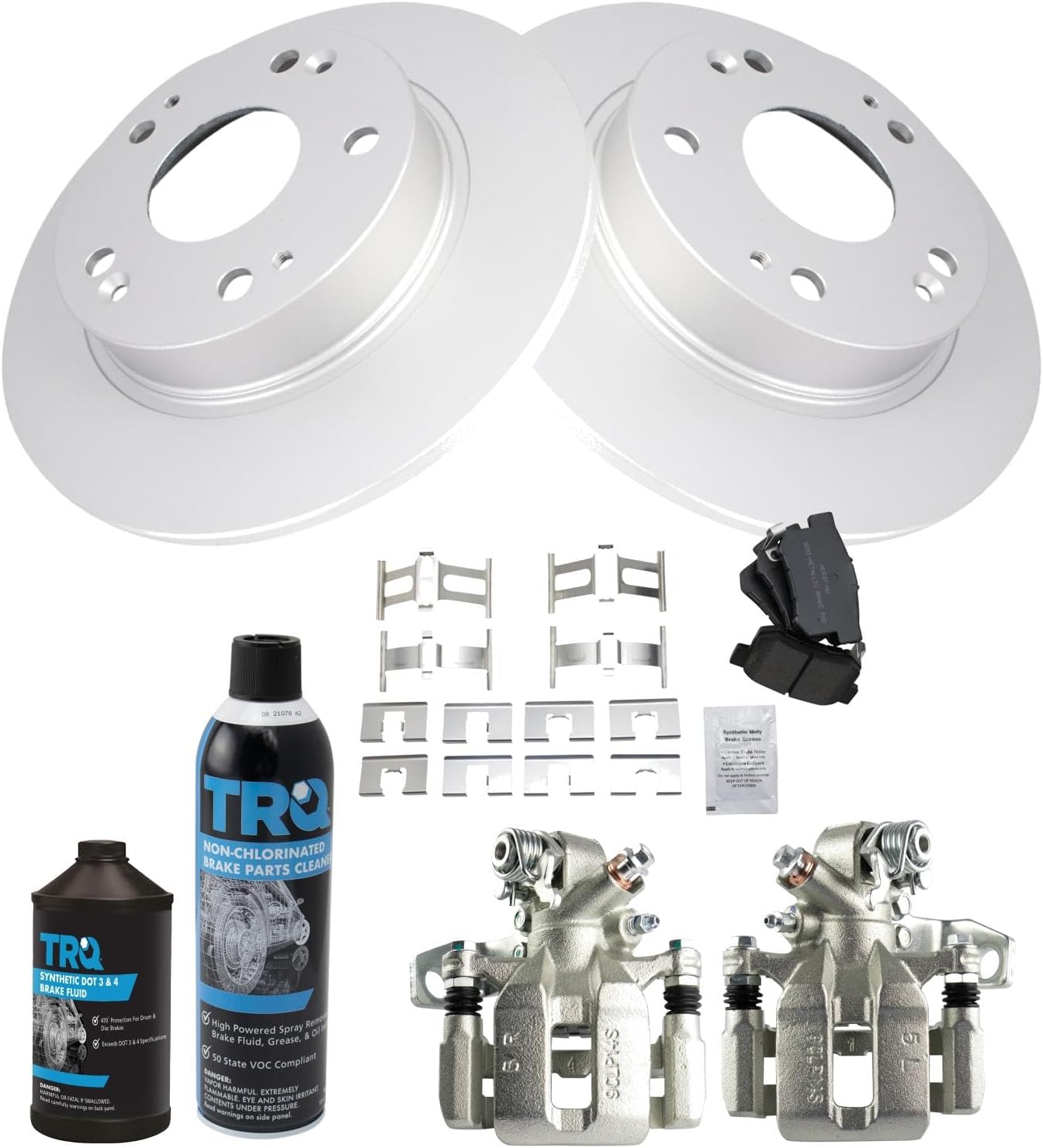 TRQ Rear Brake Pad & Rotor Kit Brake Caliper Brake Chemical Kit Brake Pads Brake Rotor Semi-Metallic Premium G-Coated Compatible with 2013-2015 Acura ILX 2006-2015 Honda Civic