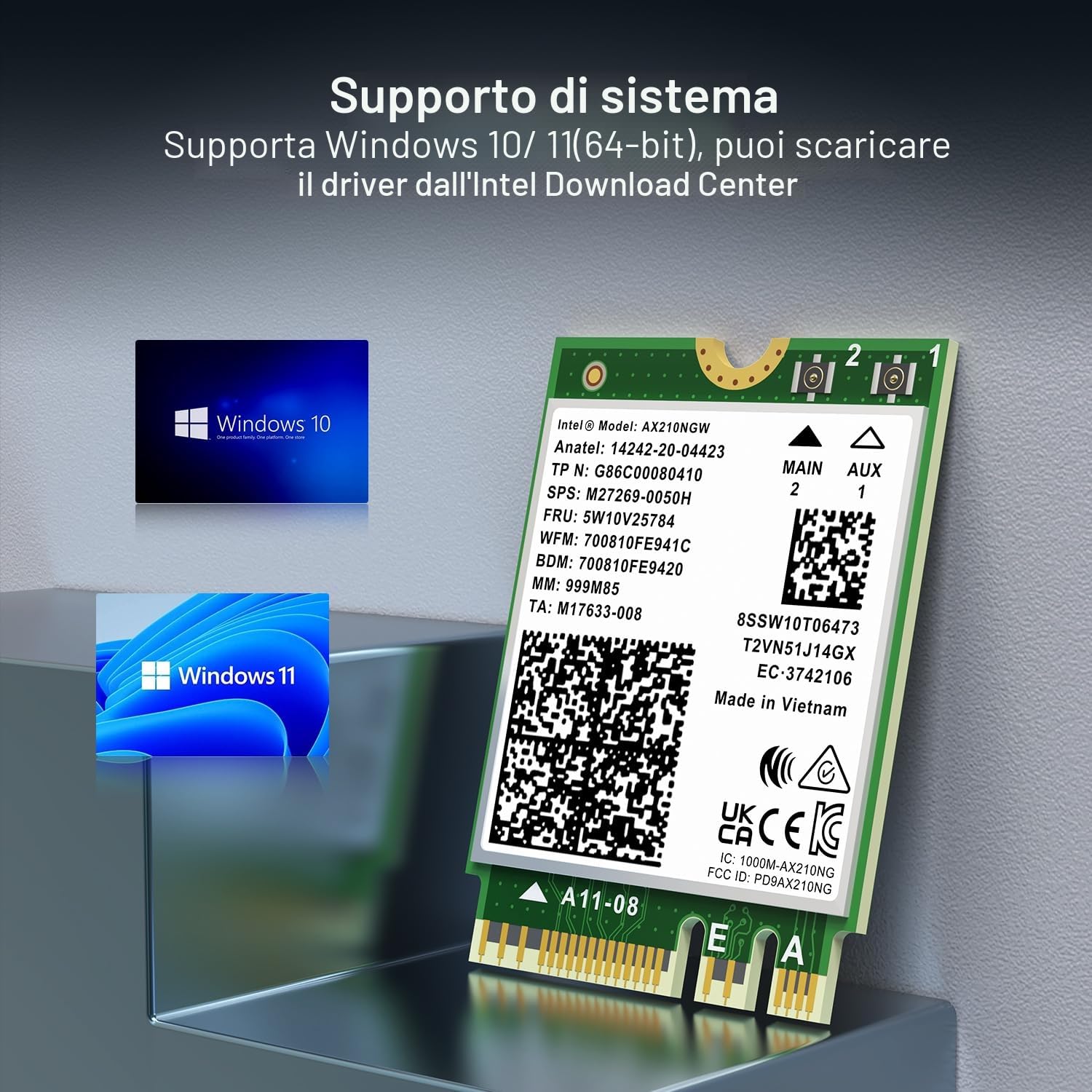 Scheda wireless WiFi 6E AX210NGW, Bluetooth 5.3 Tri-Band 5400Mbps M.2/NGFF Network per PC Laptop Scheda di rete AX210 Supporta Windows 10/11 (64bit)