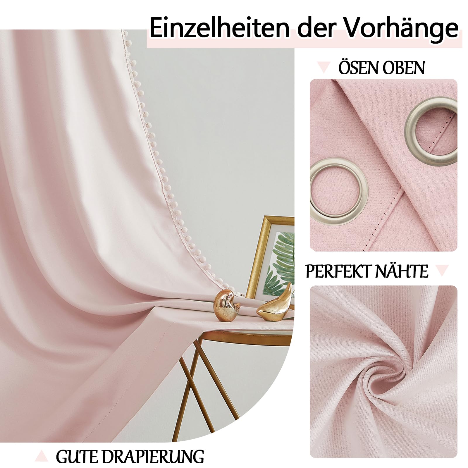 Treatmentex Blickdicht Vorhang mit Pompons Rosa Vorhang mit Ösen Landhausstil Wärmeisoliert Thermovorhang Verdunkelungsvorhänge für Mädchenzimmer,Wohnzimmer,Schlafzimmer-2 Stück(Rosa,140x225cm)