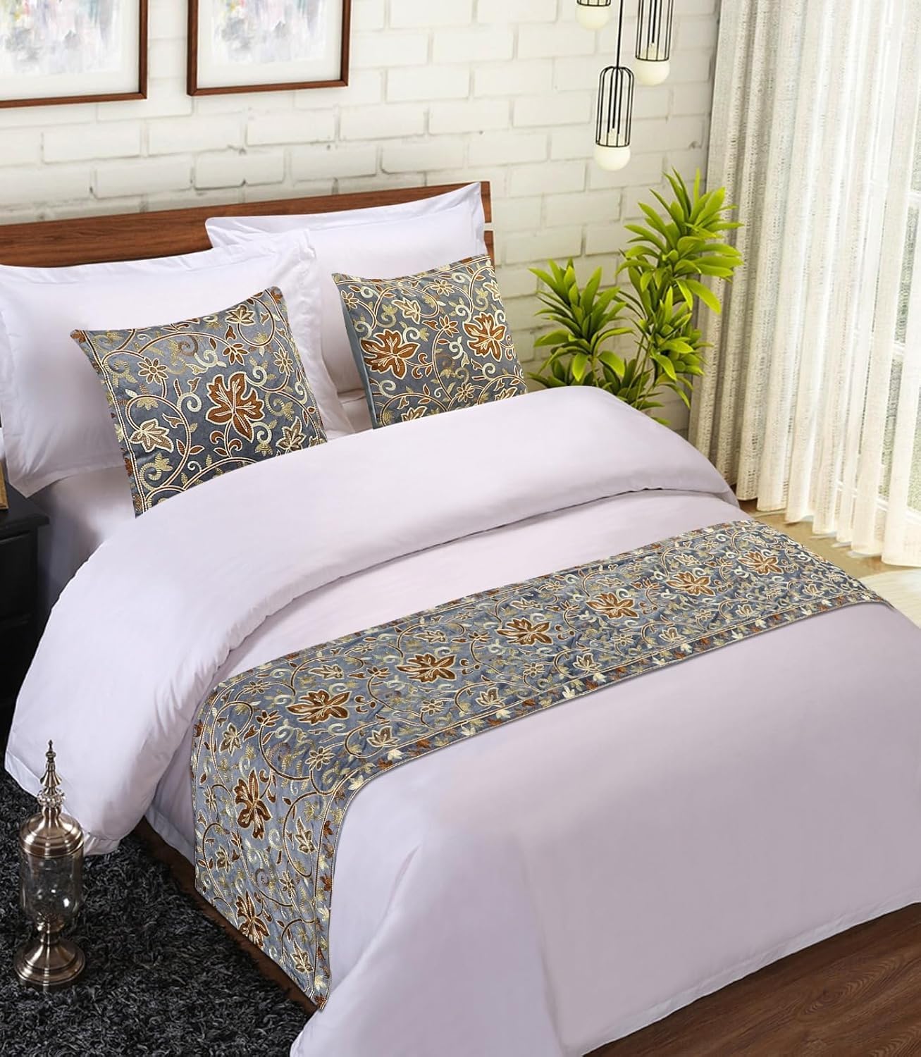 300TC Hand Embroidered Bed Runner with Cushion Cover Set, King Size, for Hotel Use. 18x100 inches (Grey)-image-36