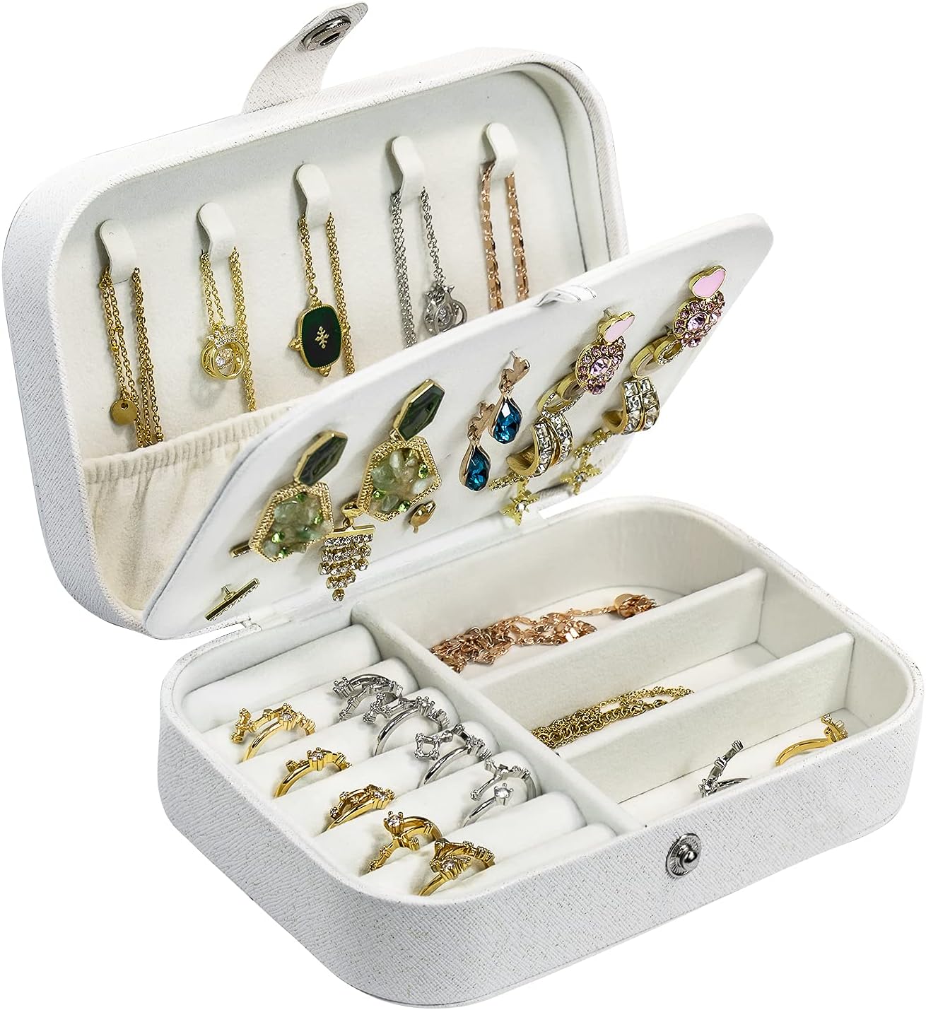 Hatori Travel Jewelry Box, PU Leather Small Jewelry Organizer for Women Girls, Portable Mini Travel Case Display Storage Holder Boxes for Stud Earrings, Rings, Necklaces, Bracelets (Glitter White)