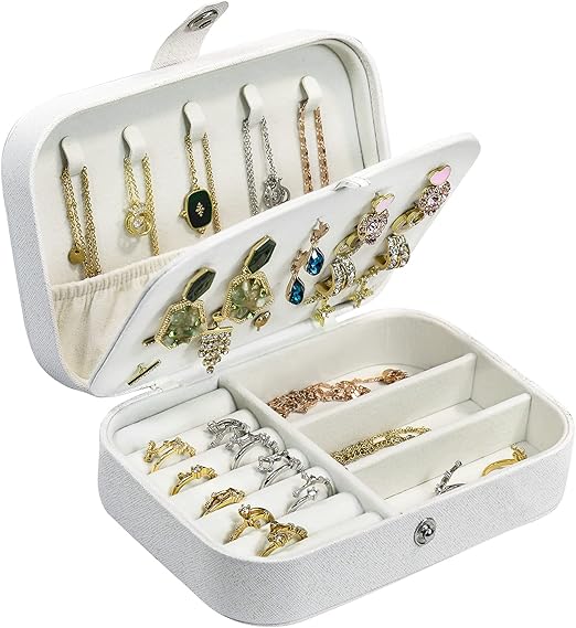 Travel Jewelry Box, PU Leather Small Jewelry Organizer for Women Girls, Portable Mini Travel Case Display Storage Holder Boxes for Stud Earrings, Rings, Necklaces, Bracelets (Glitter White)