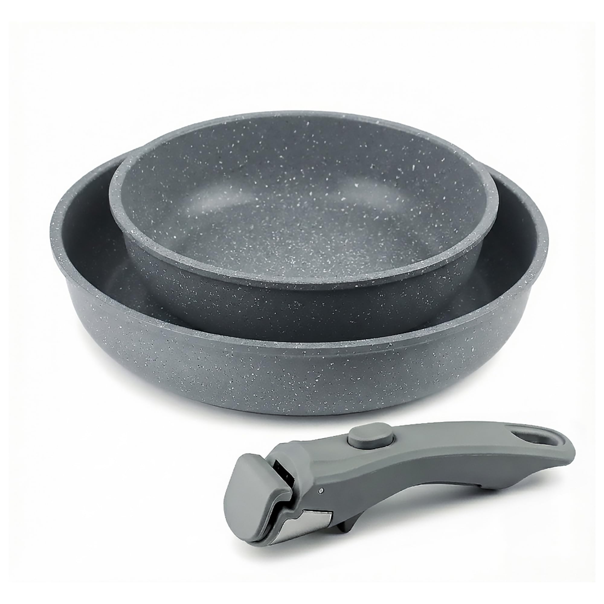 CASTEY - Easy Pan Duo, Set de Sartenes con Mango Desmontable, Aluminio, Doble Recubrimiento Antiadherente, Apto para Horno y Todas las Cocinas, Fácil Limpieza, Gris