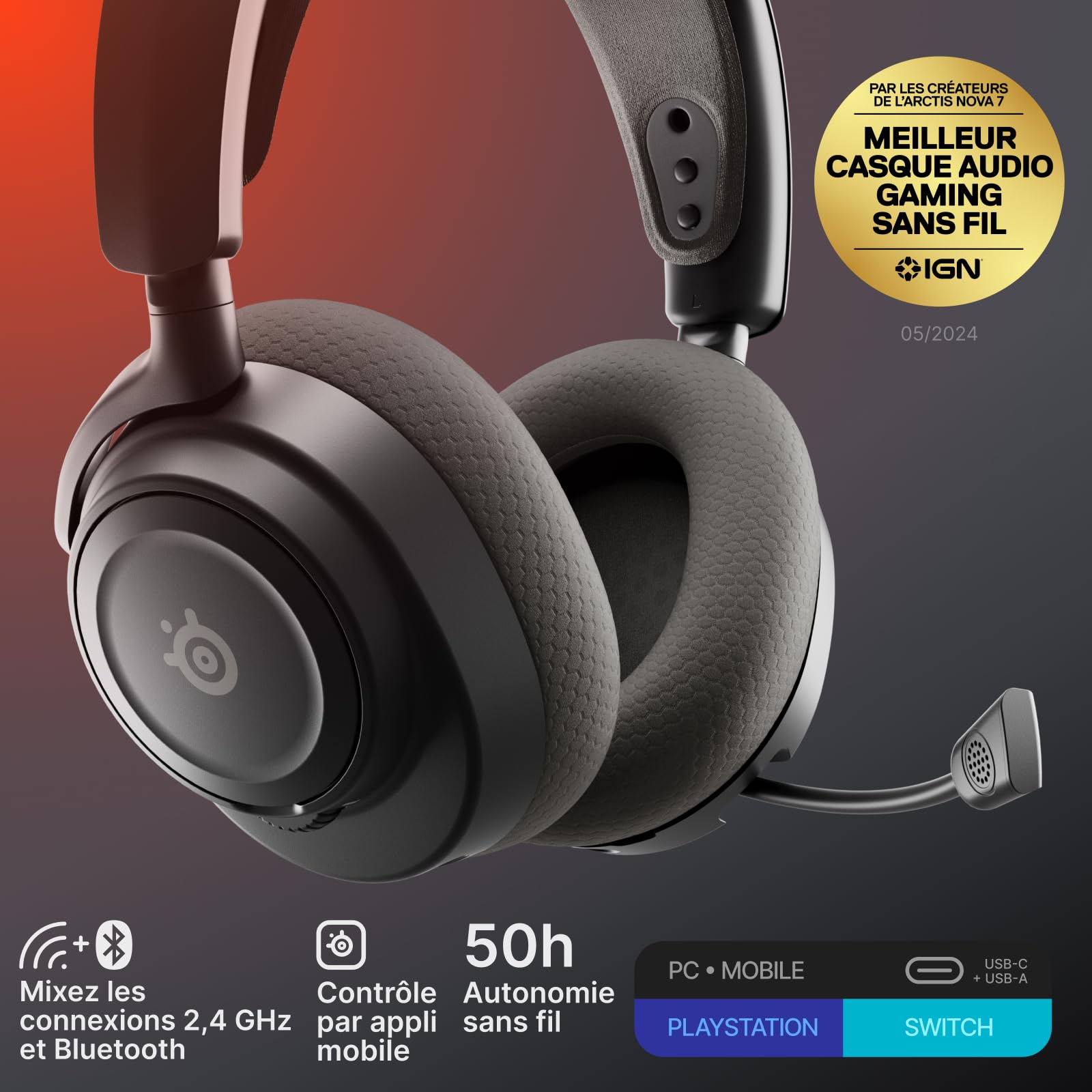 SteelSeries Casque sans fil Arctis Nova 7 multi-plateforme Gen2 -Contrôle des applications en temps réel - 50H+ -Haut-parleurs magnétiques en néodyme -Mixable 2,4GHz/Bluetooth -PC,PS5,Switch1/2,Mobile