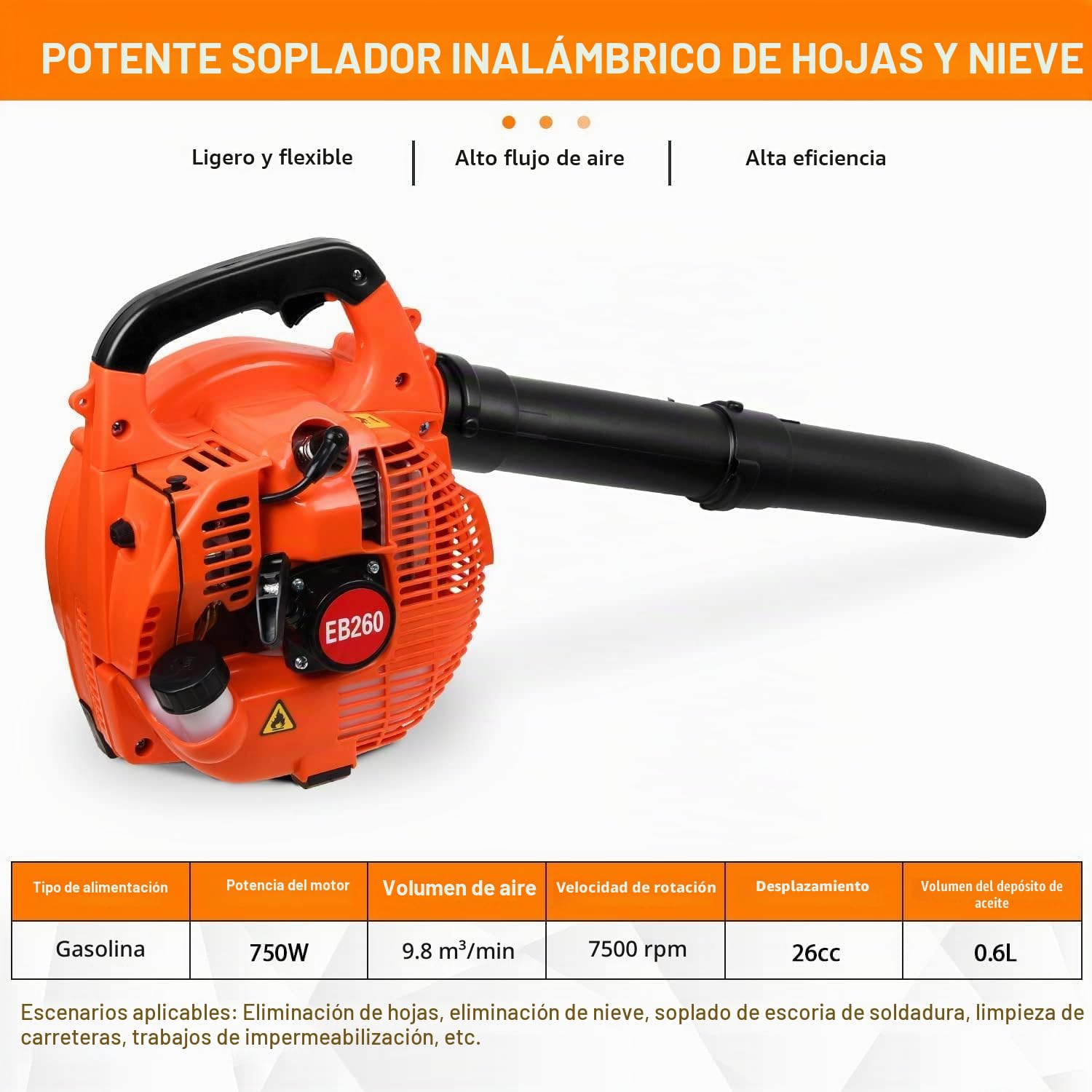 Soplador de hojas de gasolina de 26 cc, diseño de mano de 2 tiempos y correa de hombro ajustable con 2 tubos de extensión, alta potencia para limpiar hojas pesadas, desechos de jardín, polvo y nieve