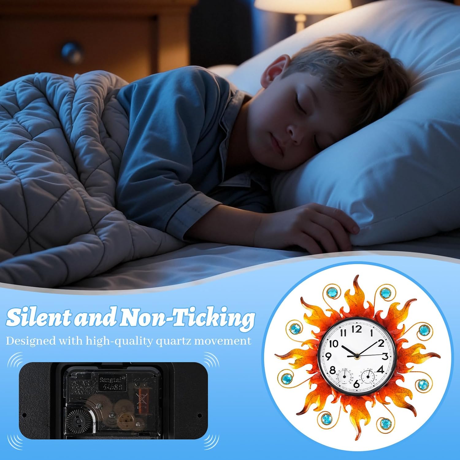 Sun Outdoor Clock with Thermometer and Hygrometer Combo，13'' Wall-Mounted Outdoor Clocks Waterproof Silent No-Ticking for Home, Office, Bedroom, Living Room, Kitchen, Bathroom, Outdoor use