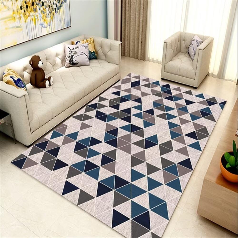 Tapis bleu 250x300 cm salon : motif triangle moderne et entretien facile