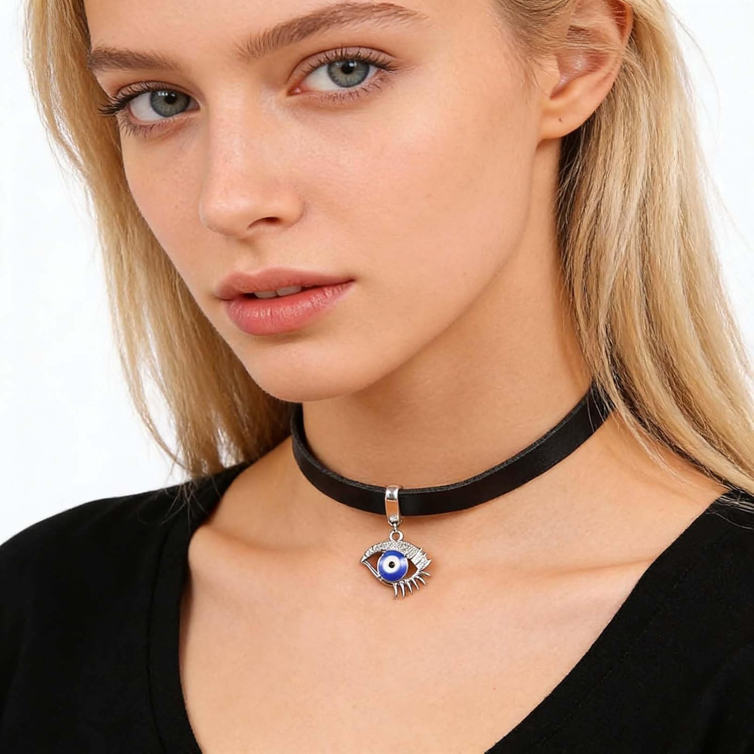 Bohemian Leather Crystal Evil Eye Choker Necklace Blue Cz Eye Pendant Necklace Black Leather Collar Necklace Rhinestone Devil Eye Necklace Jewelry for Women Gifts - Image 5