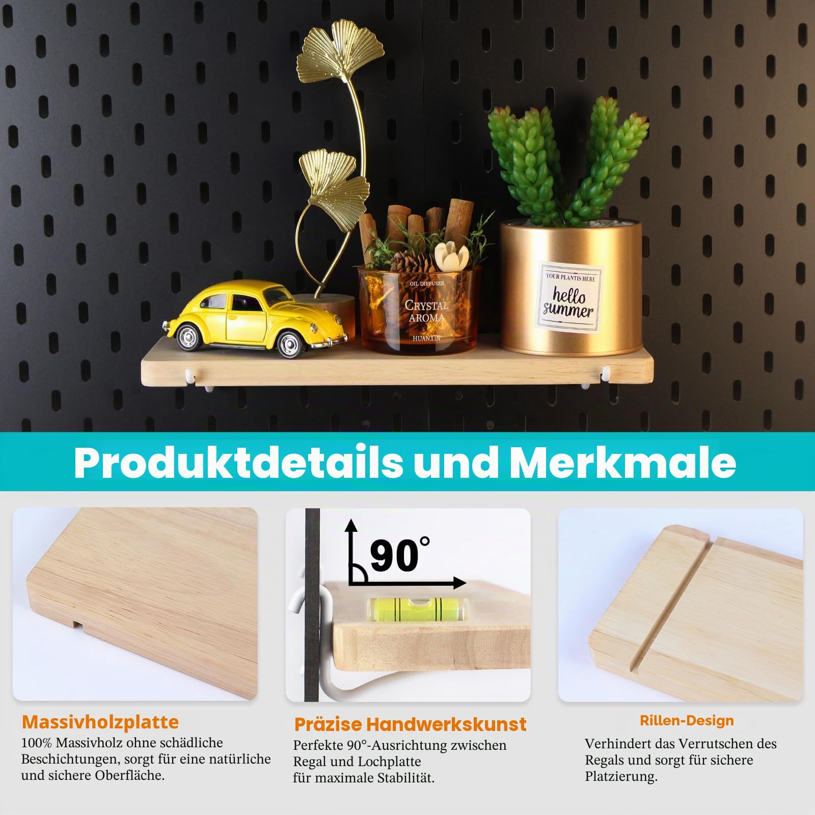 Stecktafel-Regale, Massivholz-Wandregal mit Haken, kompatibel mit IKEA Skadis Stecktafel, Organizer-Zubehör für Zuhause und Büro, 2 Stück