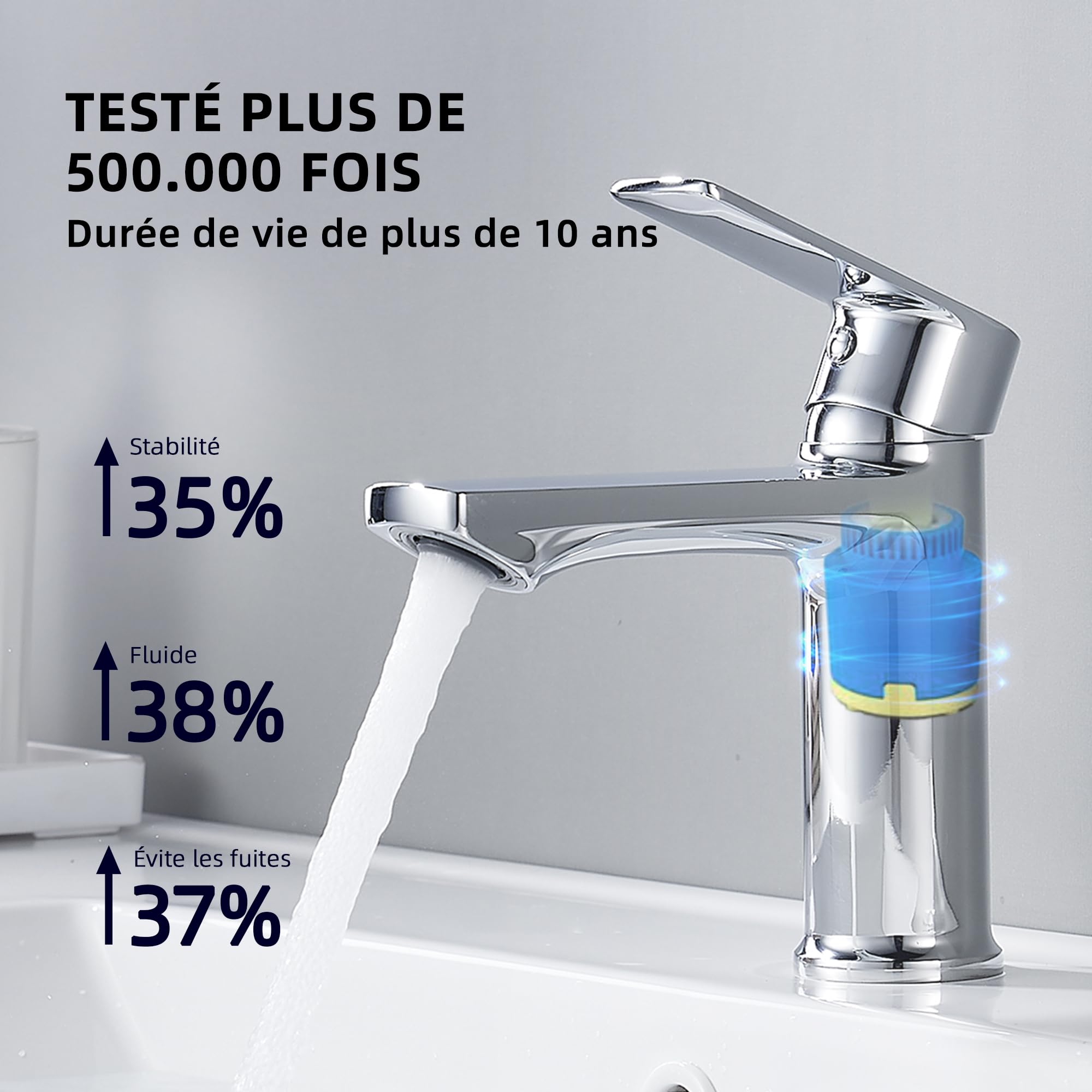 BELZ Mitigeur Lavabo Salle de Bain– Robinet Monocommande, Économie d’Eau et d’Énergie, avec Bec Hauteur 96 mm, Installation Facile, G 3/8 Robinetterie,Chromé