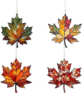 4PCS Maple Leaf Acrylic Fall Ornament Window Hanging Autumn Leaf Decoration, Acrylic Fall Leaves Wall Art Decor Pendent Suncatcher for Fall Autumn Thanksgiving Festival Xmas Party Supplies