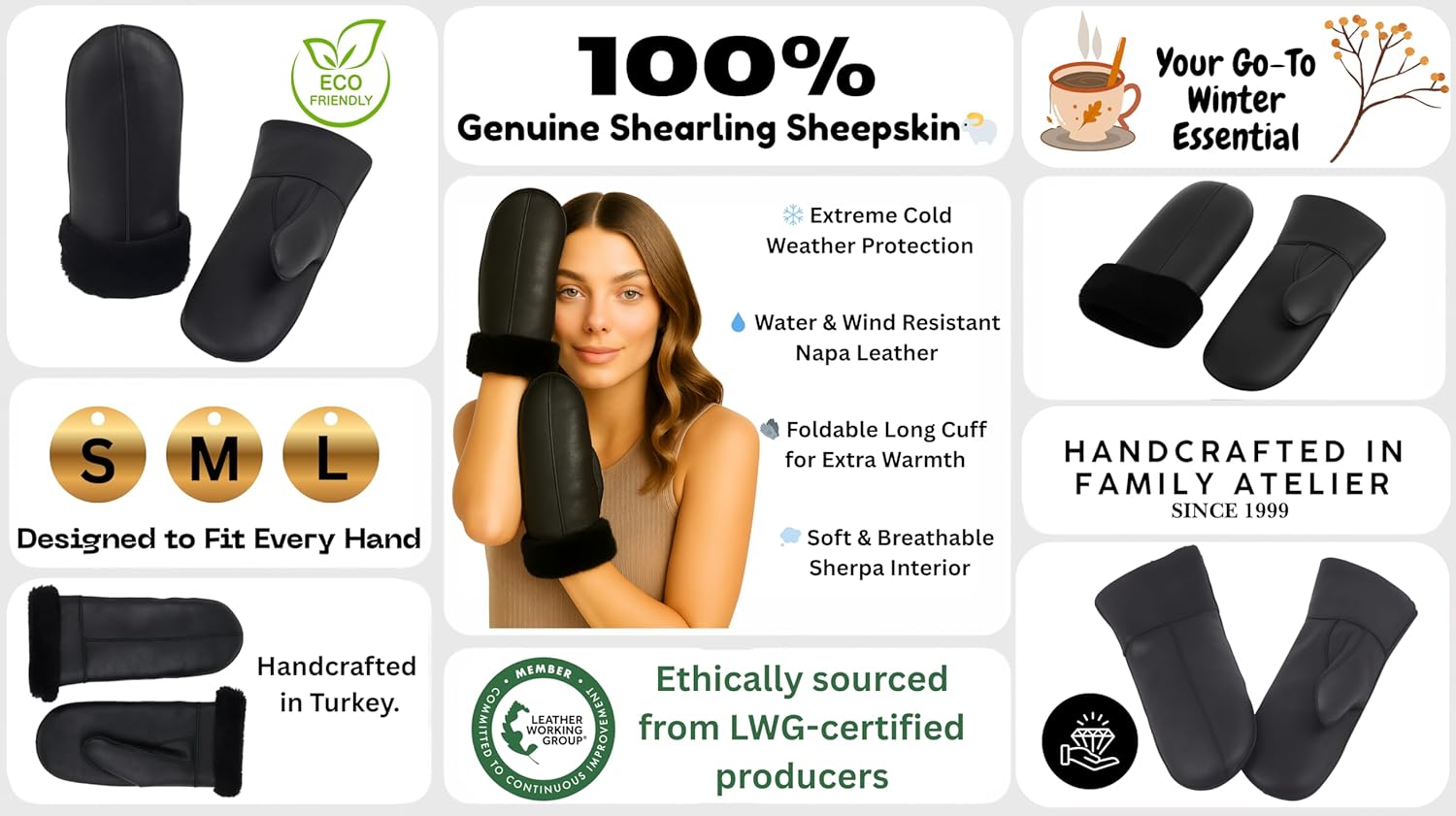 Women's Sheepskin Fur Mittens – LWG Certified Premium Shearling Leather Warm Cold Weather Winter Gloves