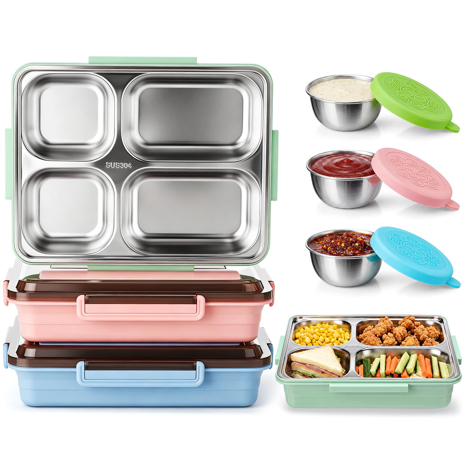 Photo 1 of FoldTier 3 Pack Stainless Steel Lunch Boxes Includes 3 Lidded Condiment Cups, 4 Compartment Bento Box Set, Leakproof Lunch Container, Dishwasher Safe for Work, Office, Picnic, Travel(Assorted Colors)