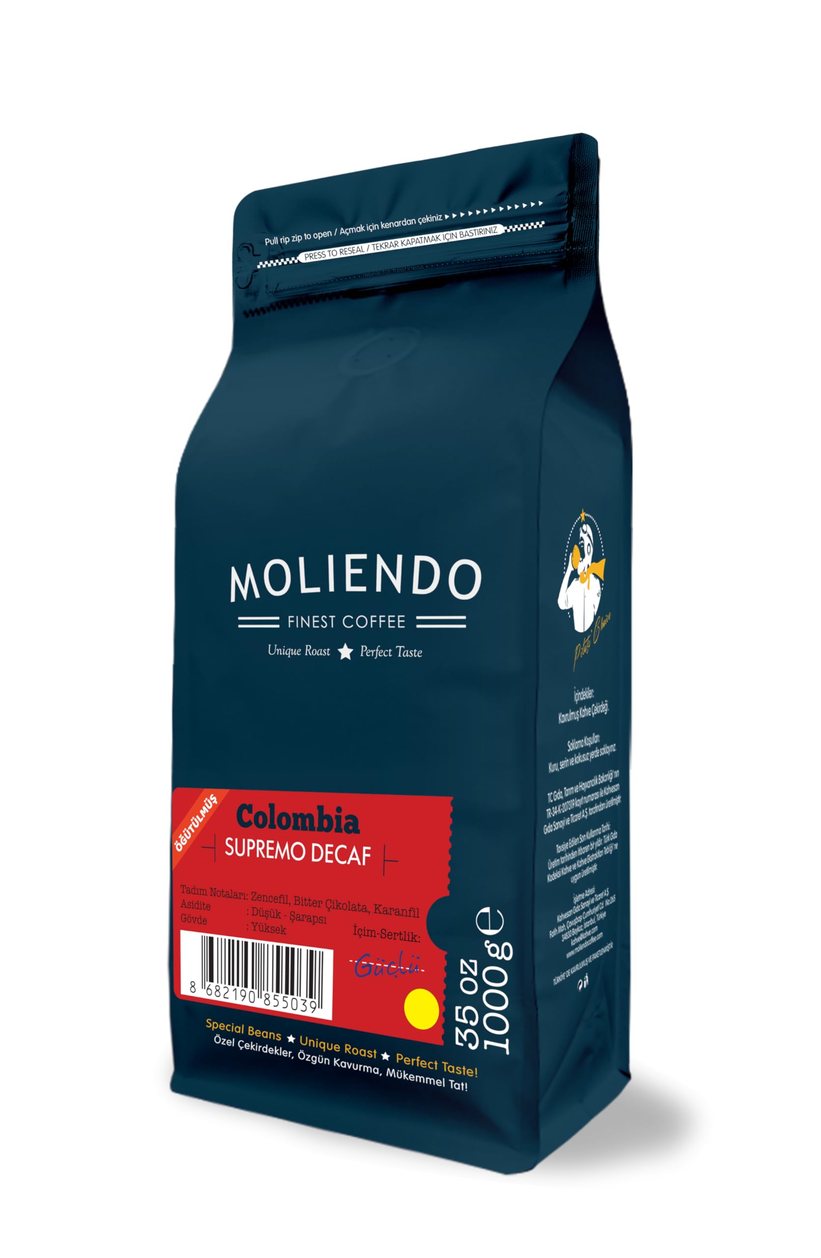 Moliendo Finest Coffee Colombia Supremo Decaf (Kafeinsiz) Yöresel Kahve (Öğütülmüş Filtre Kahve) 1000 g