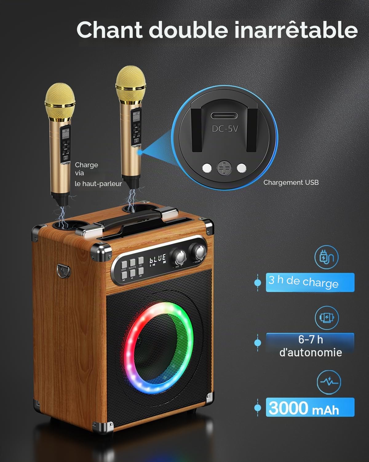 Machine de karaoké Portable, karaoké Professionnel avec 2 Microphones sans Fil UHF, système PA avec Lampe DJ, idéal pour karaoké Familial, fêtes de Chant, fêtes, Mariages (Bois)