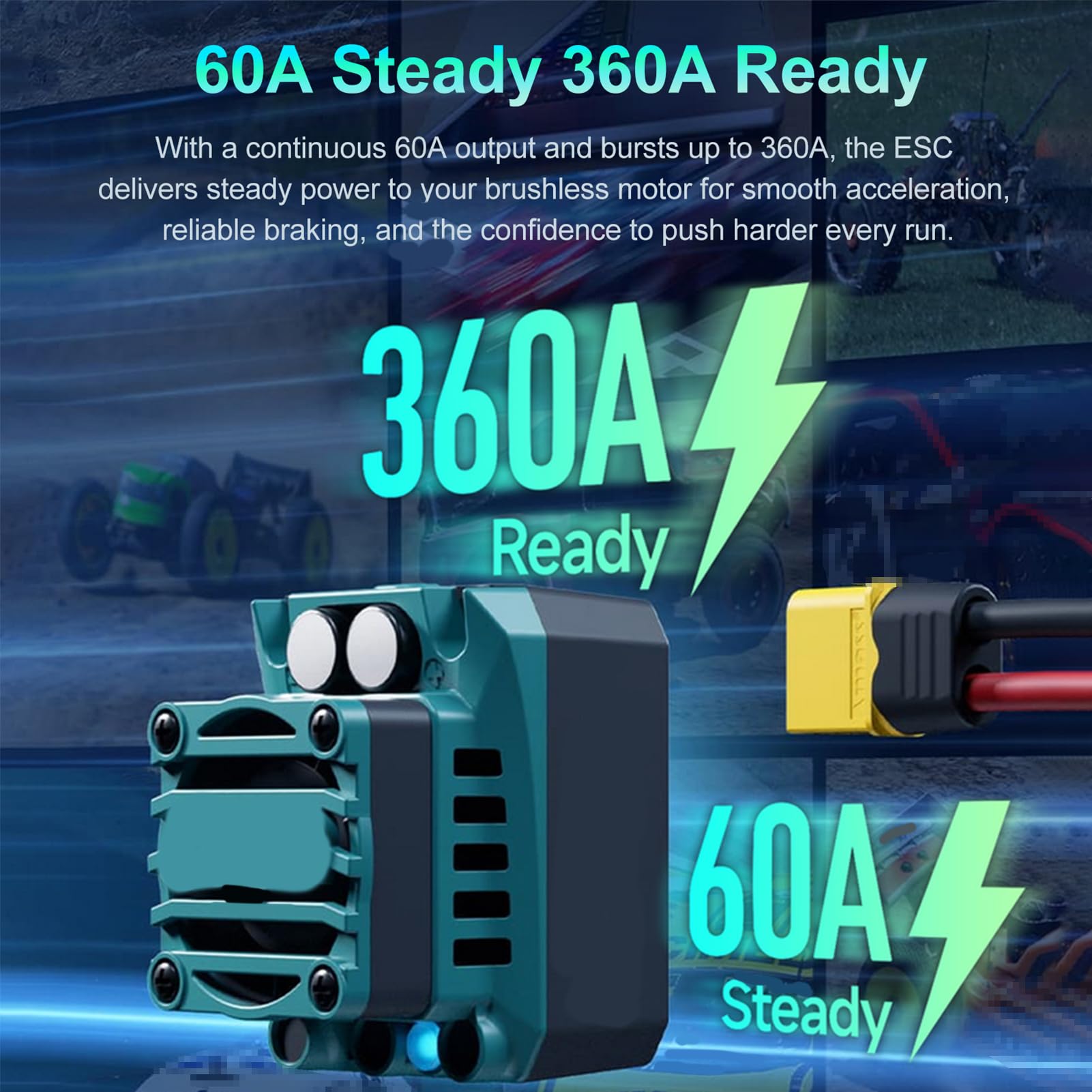 Dilwe 60A ESC, Bezszczotkowy Regulator Prędkości Silnika z Dostrojeniem Smartfona, Aluminiowy Wentylator Radiatora, do 1/10 RC Off Road Crawler Szybka Ciężarówka z Czujnikiem i