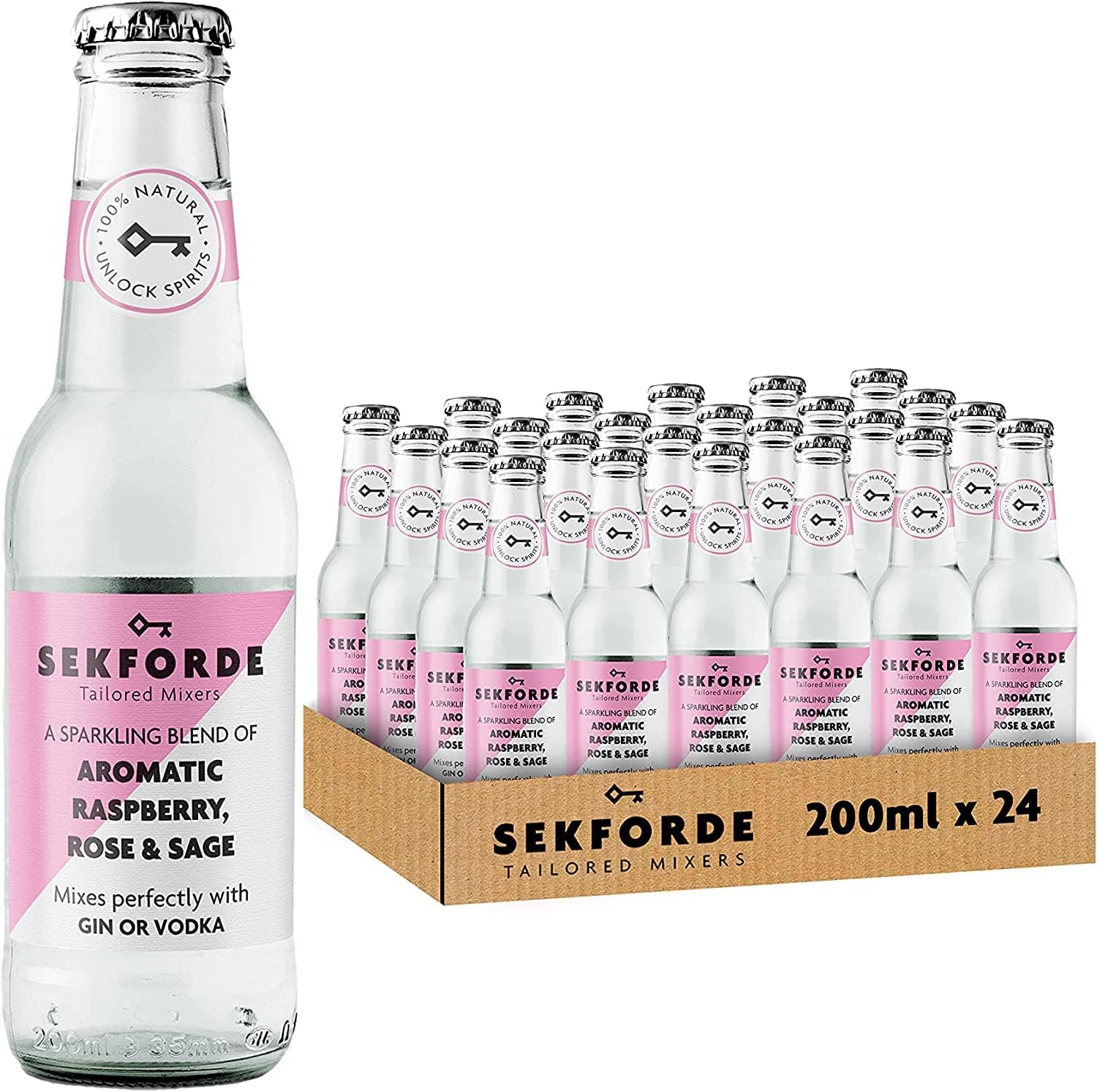Sekforde Raspberry, Rose & Sage Soda (24 X 200ml Bottles) – Sparkling Premium Mixer, Low in Sugar and Calories, Perfect for Cocktails, Soft Drinks, Suitable for Gin, Pink Gin & Vodka