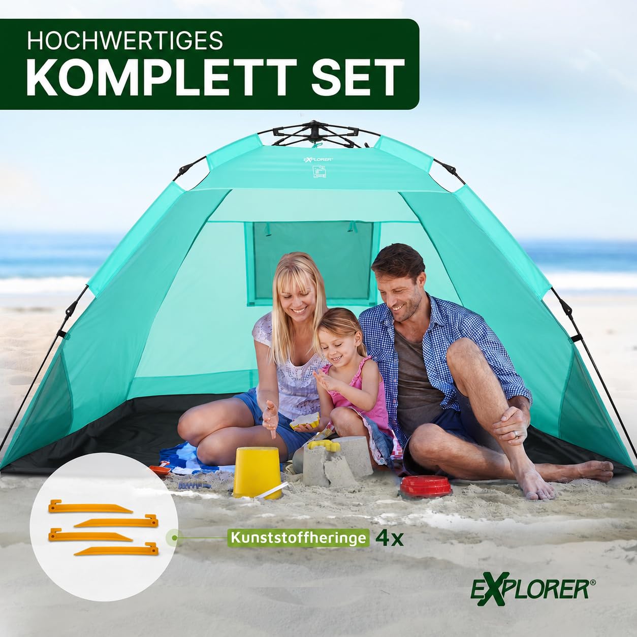EXPLORER XXL Automatik Strandmuschel UV Schutz 80+ 220x150x130cm Strandzelt Sonnenschutz Mint