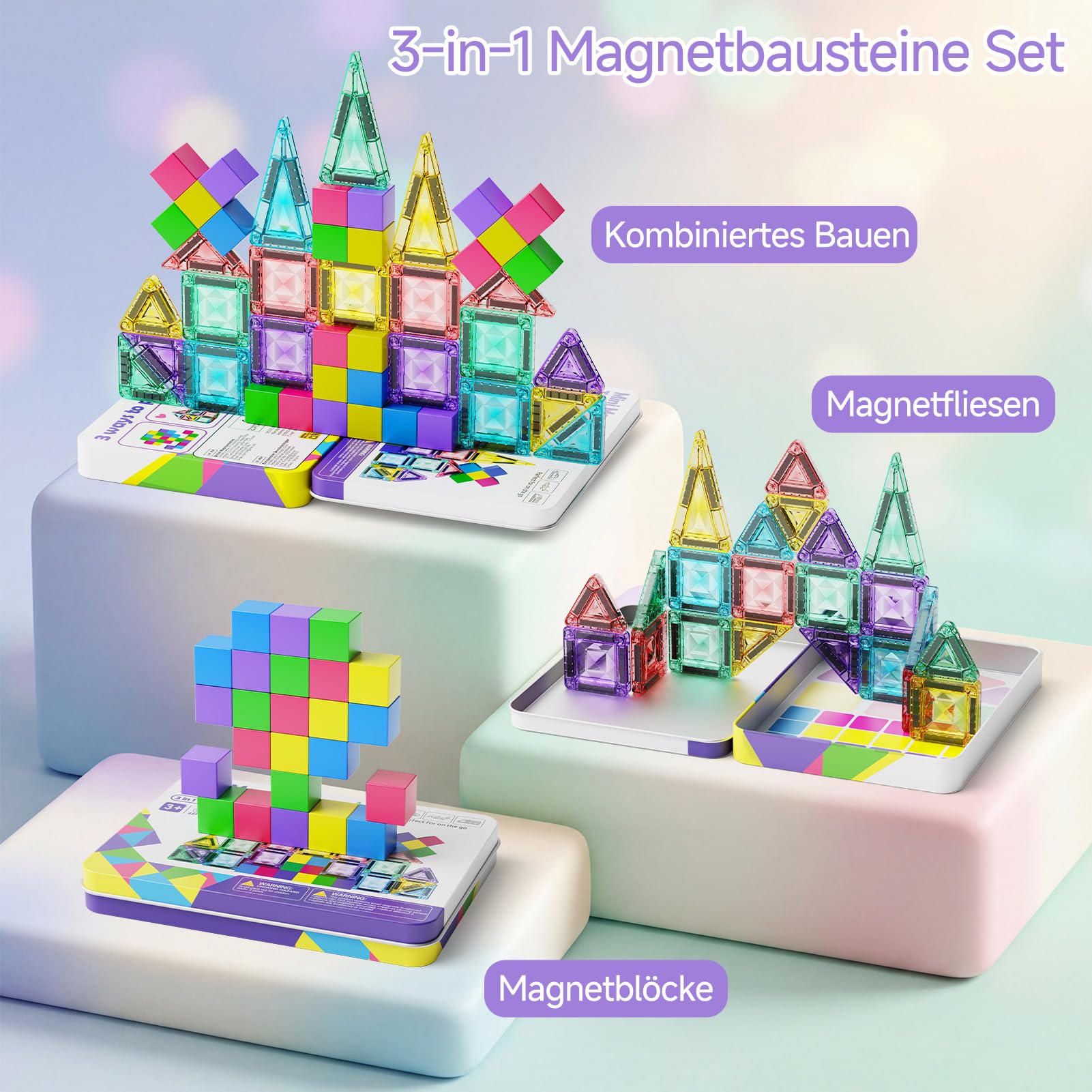 burgkidz Magnetbausteine Reise-Set 48 Teile – 3-in-1 Kompatible Magnetfliesen und Blöcke (3,75 cm / 1,875 cm) mit Ultraleicht-Metallbox für unterwegs, STEM Lernspielzeug für Kinder ab 3 Jahren