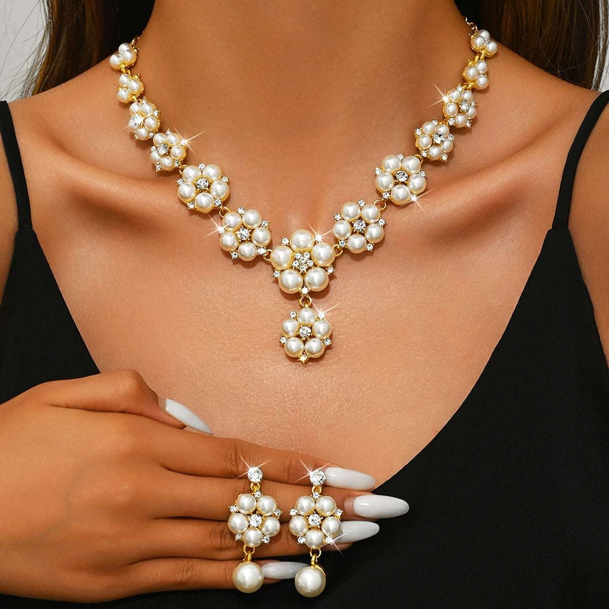 EVILD Pearl Jewelry Sets Gold Flower Necklace and Earring Set for Women - Image 7