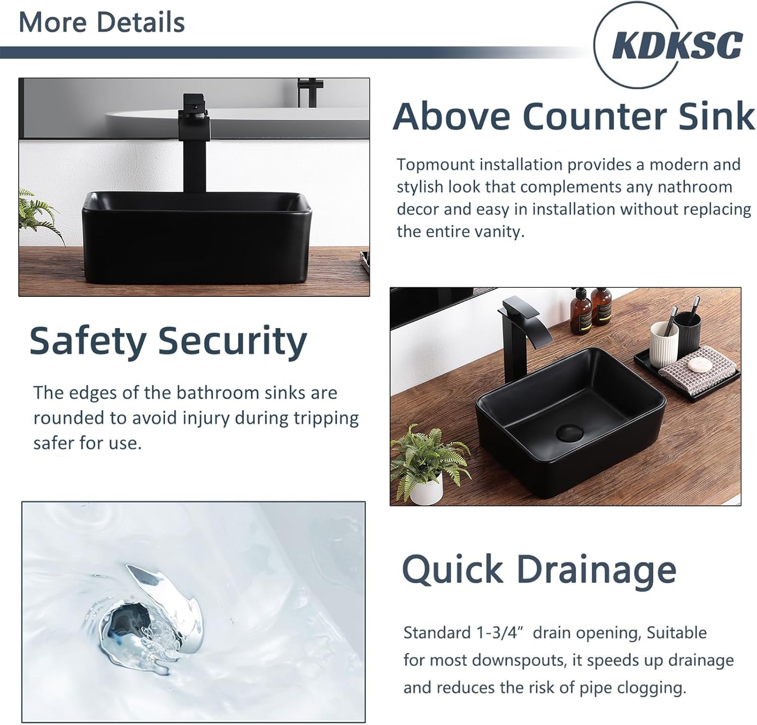 Vessel Sink 16"x12" Rectangular Matte Black 16 Inch Bathroom Sink Porcelain Ceramic Modern Above Counter Bathroom Sinks