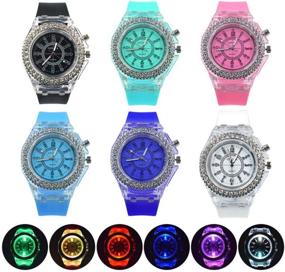 6 Pack Women Men LED Luminous Colorful Lights Watches Unisex Jelly Analog Quartz Wrist Watches Wholesales Assort Set Bracelet