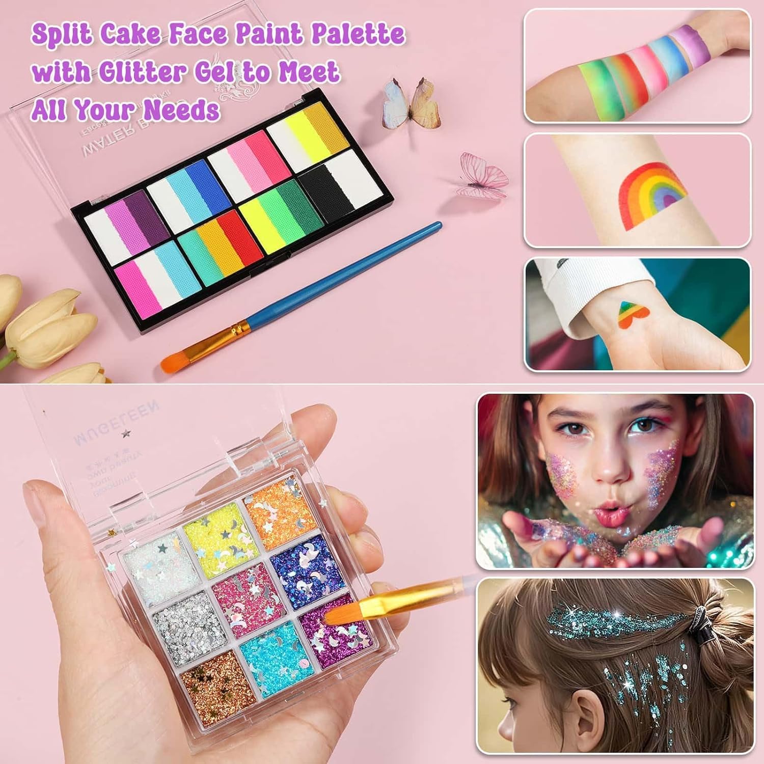 Face Painting Kit with Organizer Box - Rainbow Color Non Toxic & Washable Face Paint Set with Stencils, Brush & Gems Party Makeup for Halloween, Carnival & Costume