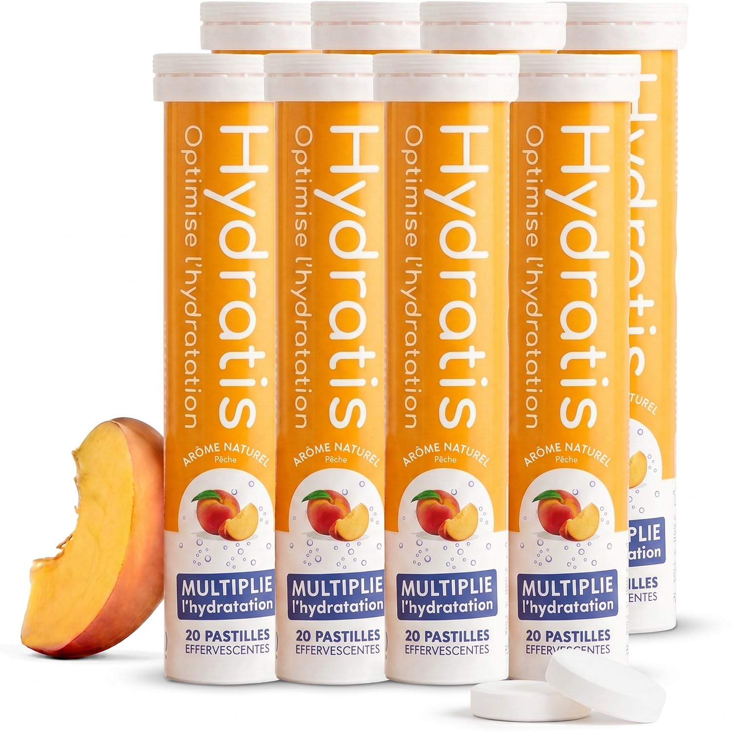 HYDRATIS - Pastilles Effervescentes Pêche - Optimise l'Hydratation - Riche en Minéraux - Faible en Sucre - Goûts Légers - Sport, Crampes, Récupération - 160 Pastilles | Améliore l'Hydratation, Favorise l'Énergie, Formule Isotonique, Sport Récupération Bie