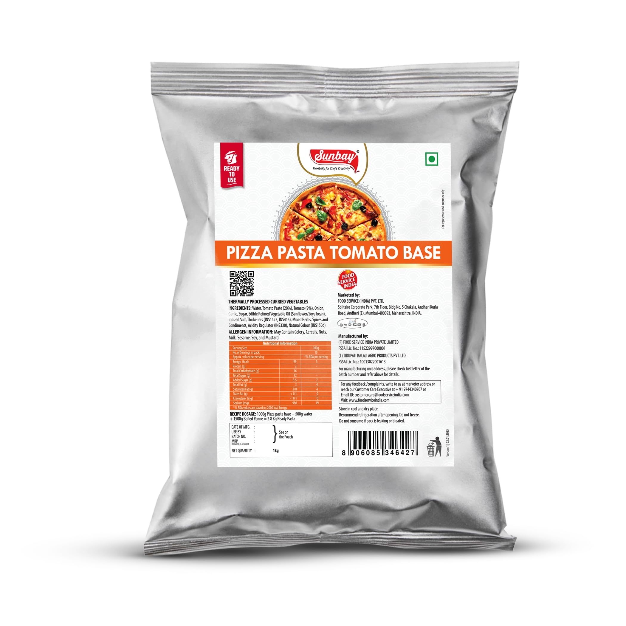 Sunbay Pizza Pasta Tomato Base 1 Kg | Blend of Tomato, Onion, Garlic, Spices And Herbs | No Preservatives Or Artificial Colors | Versatile Application For Pizza, Pasta And Appetizers