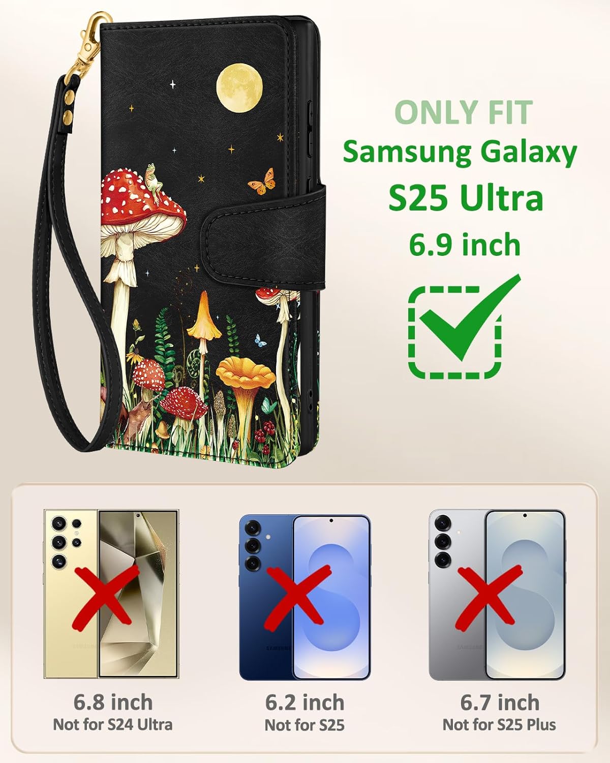 Toycamp for Samsung Galaxy S25 Ultra Wallet Case with Wrist Strap - Leather Flip Folio Phone Case with RFID Blocking 4 Card Slots Galaxy S25 Ultra Funda Cute Aesthetic for Women Lady, Moon Mushroom - Image 2