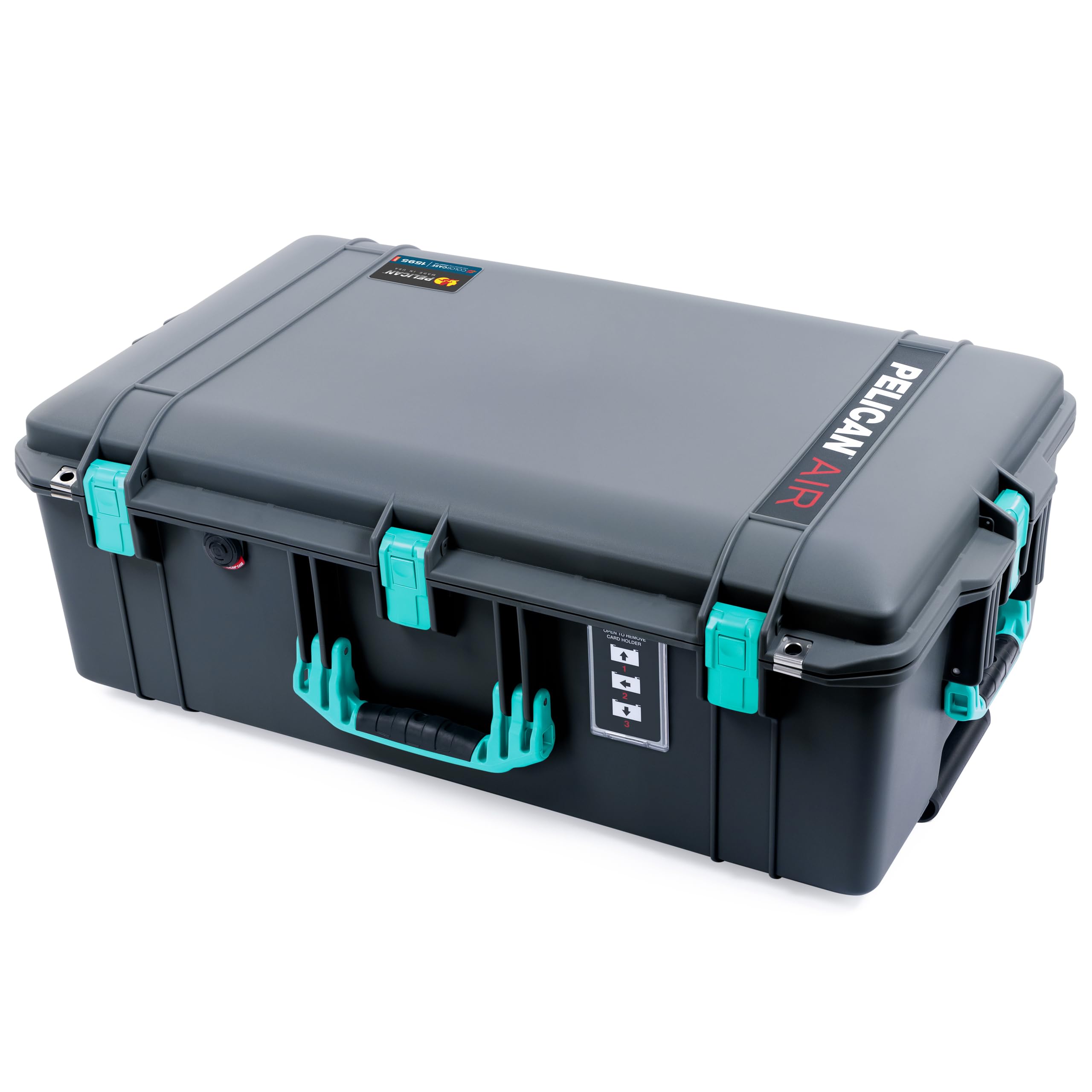 ColorCase Pelican 1595 Case Charcoal - Large Sized Waterproof Case with TrekPak Divider System & Combo Pouch Lid Organizer- Teal Handles & Latches