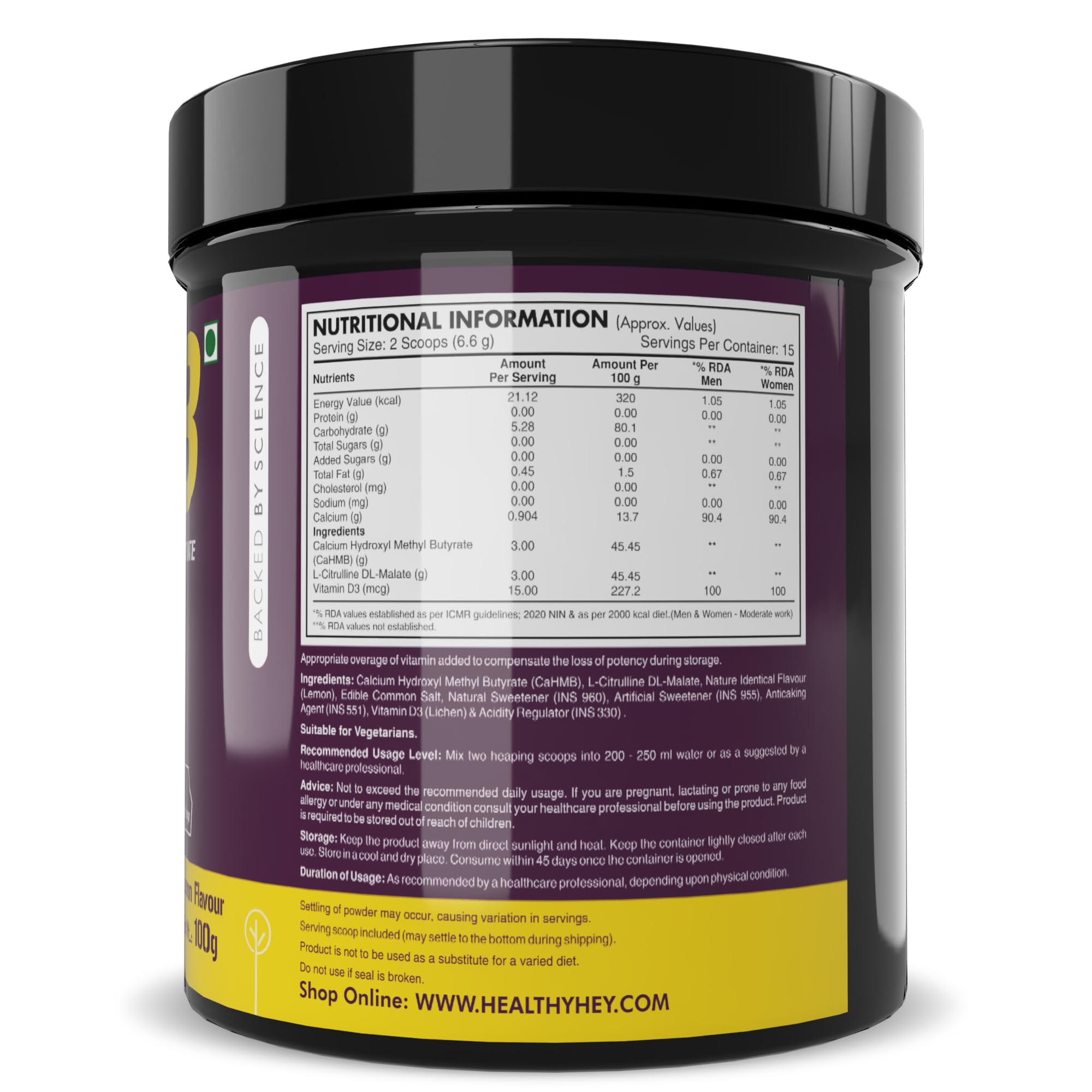 HealthyHey Sports HMB Calcium Hydroxyl Methyl Butyrate Powder - Lemon Flavour - 100g — Amazon image 2
