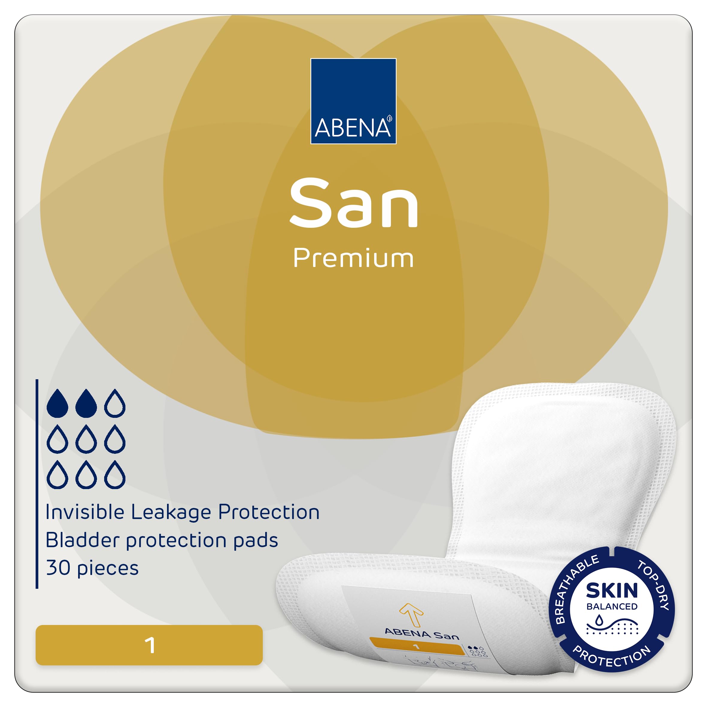 ABENA San Premium Mens & Womens Incontinence Pads, Breathable & Comfortable, Fast Absorption, Discreet & Effective Shaped - Premium 1, 200ml Absorbency, 30PK