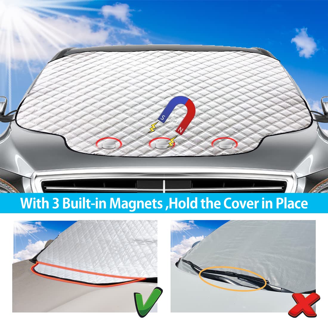 Couverture Pare-Brise Voiture, Bâche Pare Brise Protection Magnétique Couverture Repliable, Universelle Couverture Pare Brise pour Anti Givre, Neige, Glace, UV, Pluie & Soleil - 183 x 116cm