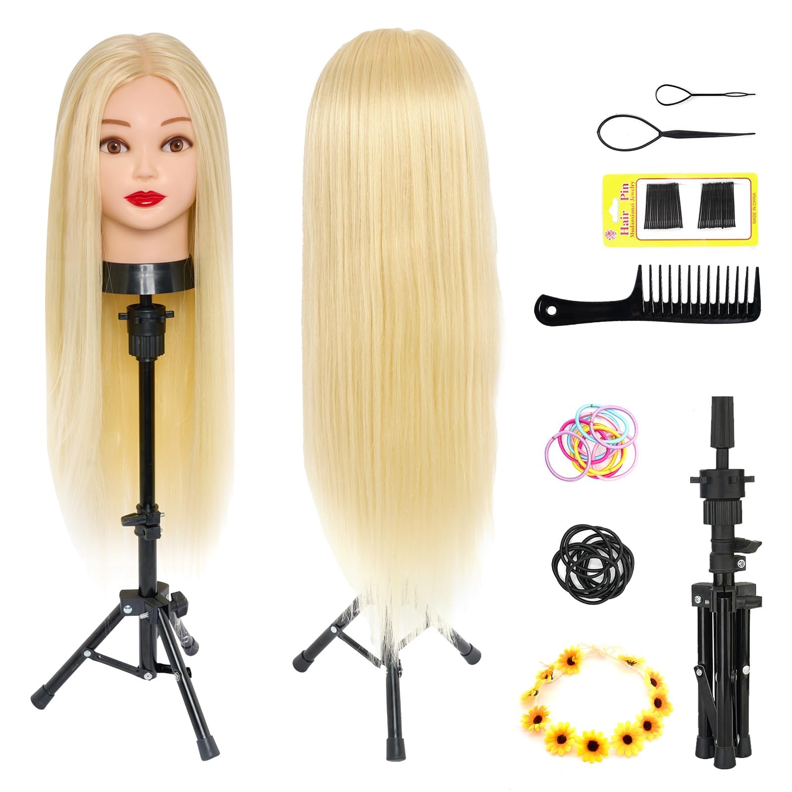 Głowica fryzjerska ze stojakiem, 50% naturalne włosy, Neverland, głowa do ćwiczeń, 66 cm, fryzury, główki treningowe dla fryzjerów, uchwyt na blond it + zestaw do samodzielnego wykonania włosów