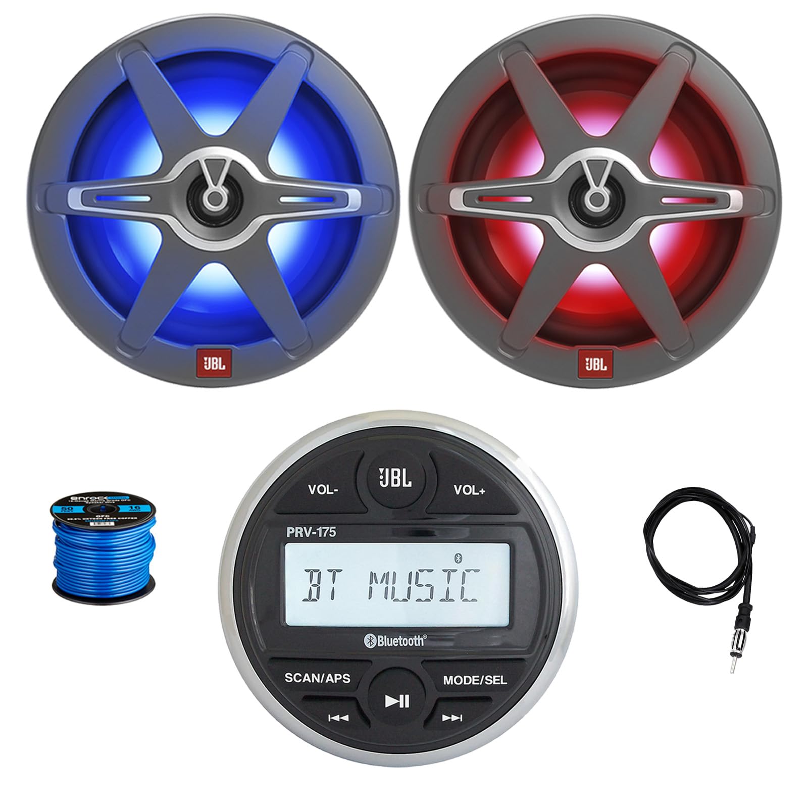 Marine Gauge Style USB Bluetooth AM/FM Digital Stereo Receiver, 2X 8 450 Watt 2-Way Multicolor LED Outdoor Audio Speakers, Radio Antenna, Wire