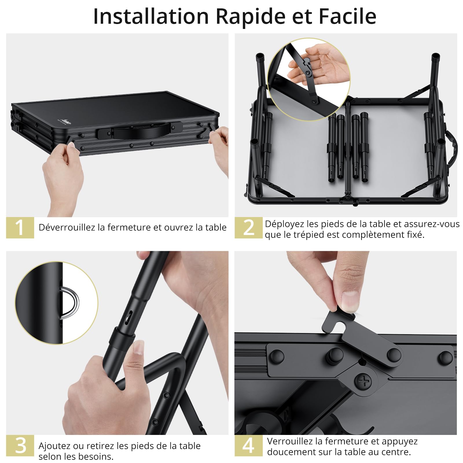 Anbte Table Pique-Nique Pliante 58x40x26/48/67 cm en Aluminium, Noir | Table de Camping avec Filet de Rangement, Légère et Portable avec Plateau en MDF pour Extérieur/Intérieur, Plage, Camping