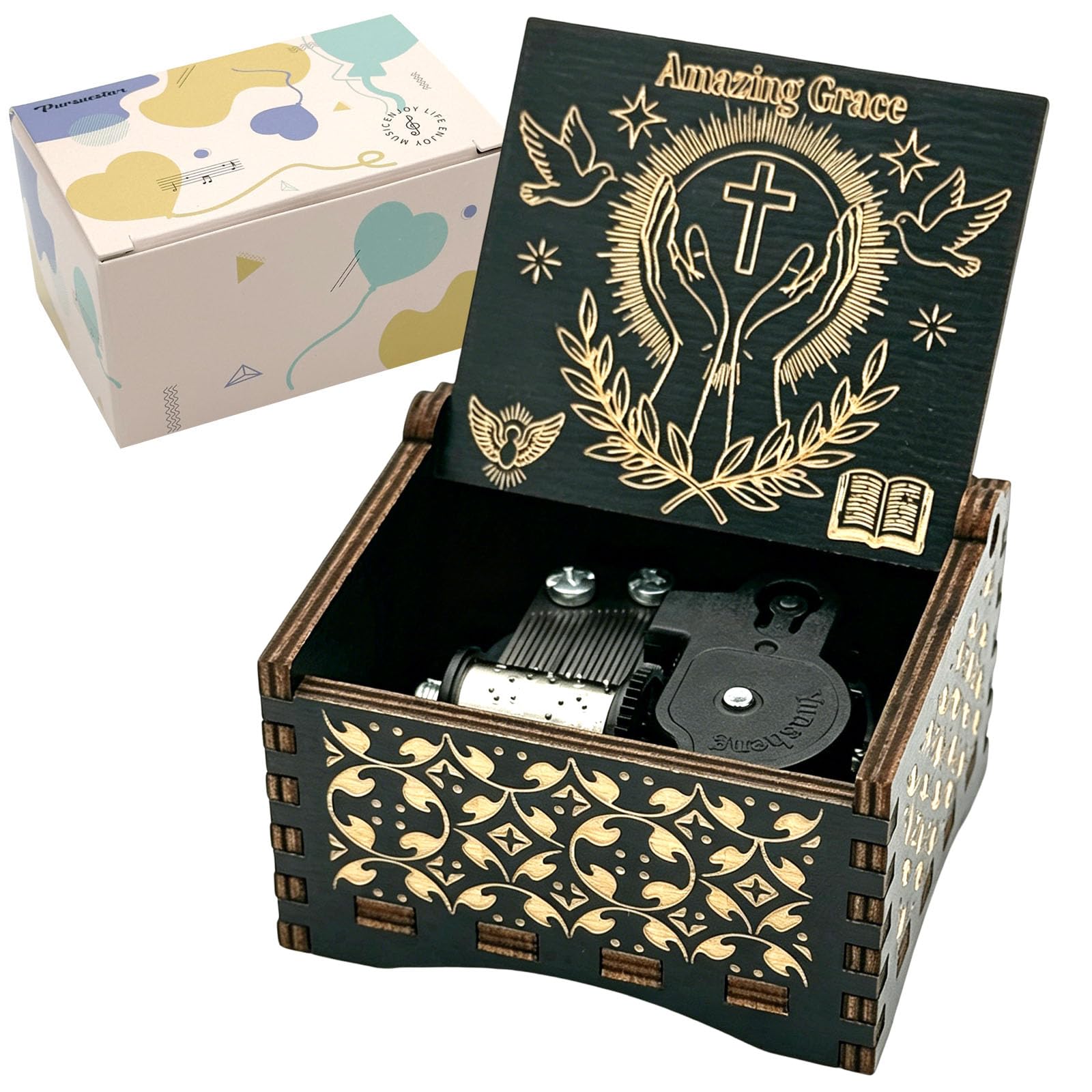 Amazon.com: Pursuestar Black Wooden Wind Up Music Box - Amazing