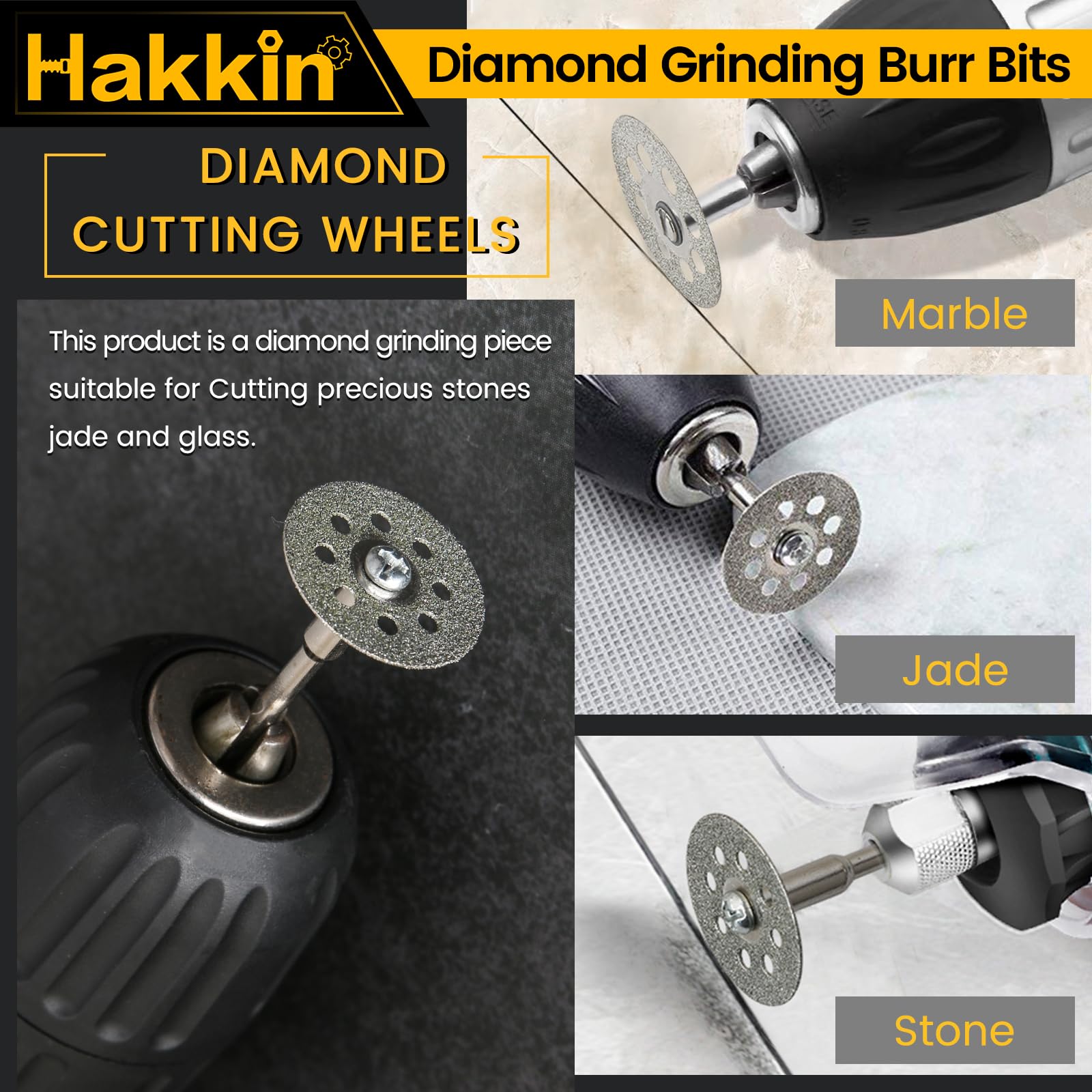 Hakkin 21Pcs Diamond Stone Carving Set including Diamond Burr Bits and Cutting Discs, 3mm Shank - Image 4