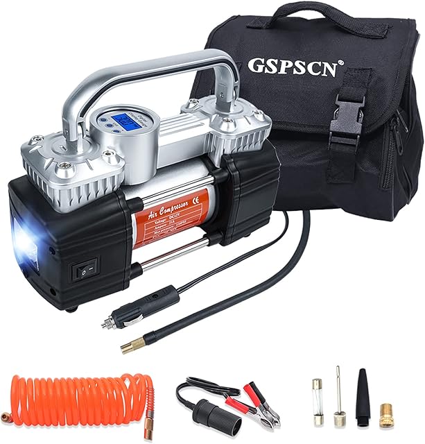 GSPSCN Portable Digital Car Tyre Inflator with Gauge 150Psi Auto Shut-Off, Heavy Duty Double Cylinders 12V Air Compressor Pump with LED Light for Auto,Truck,Car,Bicycles and Other Inflatables