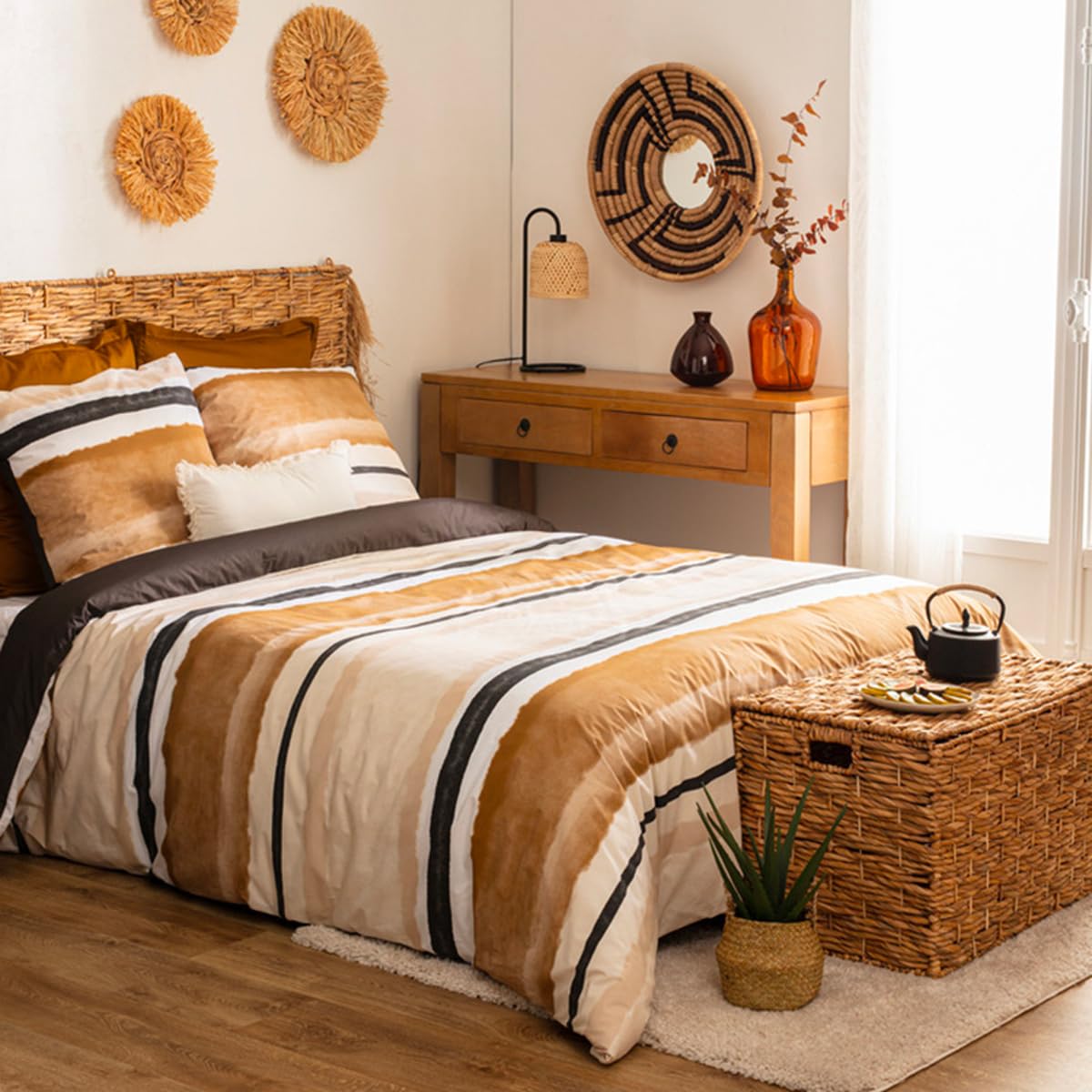 Parure de lit percale 260x240 ocre Atmosphera Hana housse de couette imprimée