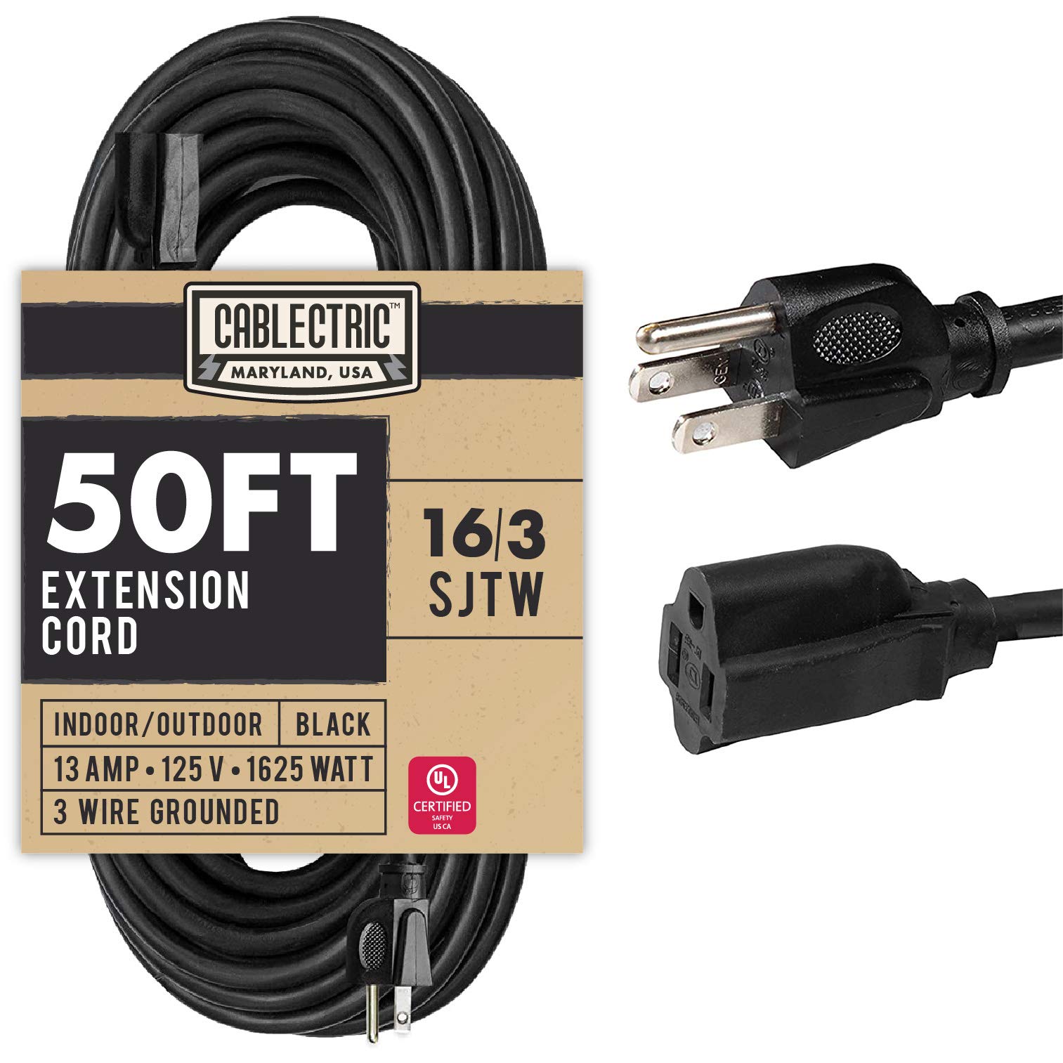 Cable de extensión para exteriores de 50 pies – 16/3 SJTW negro calibre 16 con enchufe de tierra de 3 clavijas