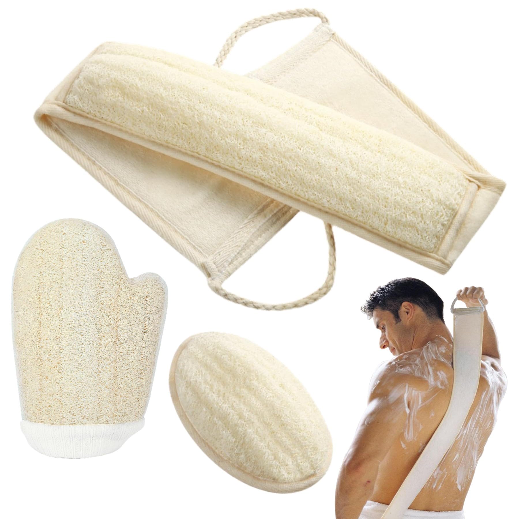 Esponja de lufa natural, exfoliante corporal para hombres y mujeres, lufa con asa, exfoliante de espalda para juego de ducha, limpia profundamente y vigoriza tu piel (3 piezas en caja)