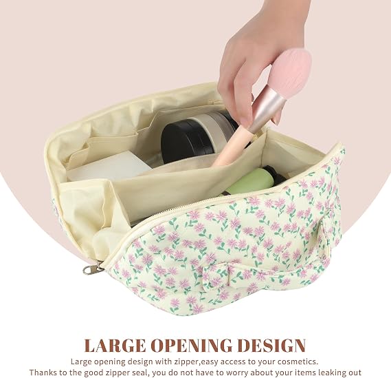 Cute Flower Makeup Bag Soft Cotton Quilted Large Capacity Cosmetic Bag, Toiletry Bag for Women Travel Accessories (Purple)