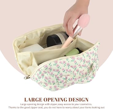 Cute Flower Makeup Bag Soft Cotton Quilted Large Capacity Cosmetic Bag, Toiletry Bag for Women Travel Accessories (Purple)