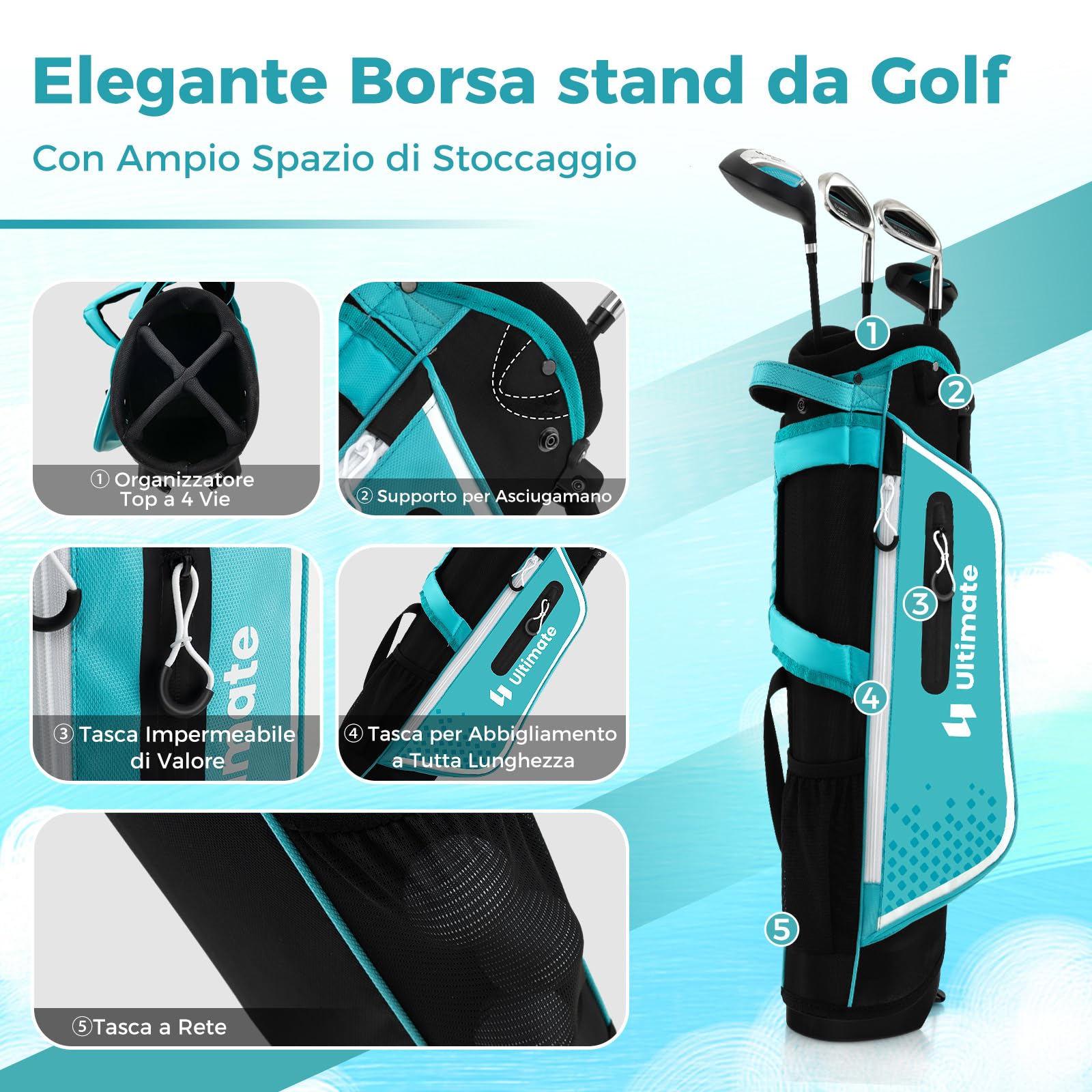 COSTWAY Set di Mazze da Golf per Bambini 8-10 Anni, Set Allenamento Golf con Sacca da Golf, Fodera Impermeabile, Driver 1, Ferro 7, Ferro S e Putter per Bambini e Bambine, Destrorso