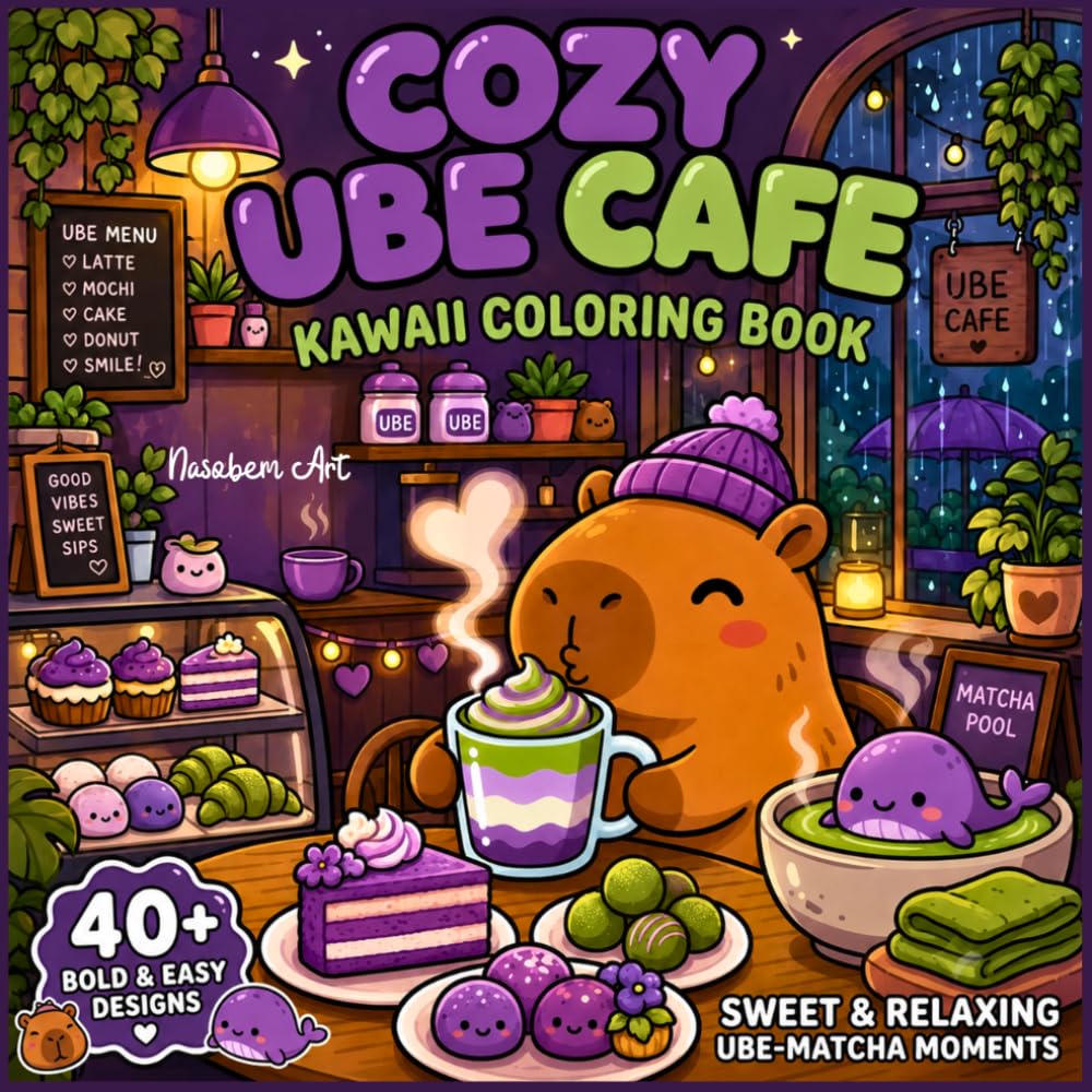 COZY UBE CAFE - Kawaii Coloring Book: Cute Animals & Cozy Food Aesthetic Illustration Pages with Capybaras, Matcha Latte & Boba | Simple, Large & Easy (Bold & Easy) for Adults, Teens & Kids